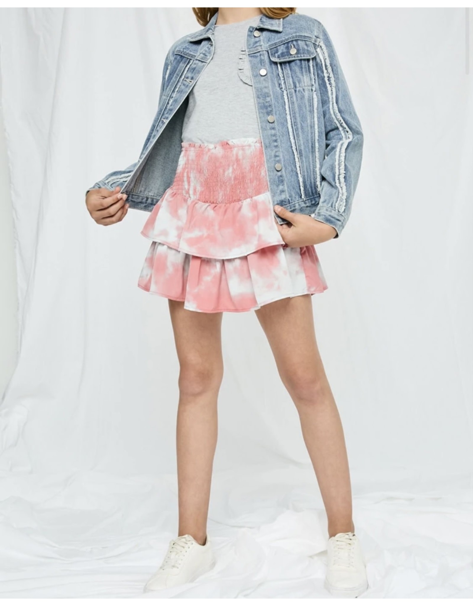 Hayden- Pink Tie Dye Smocked Tiered Mini Skirt