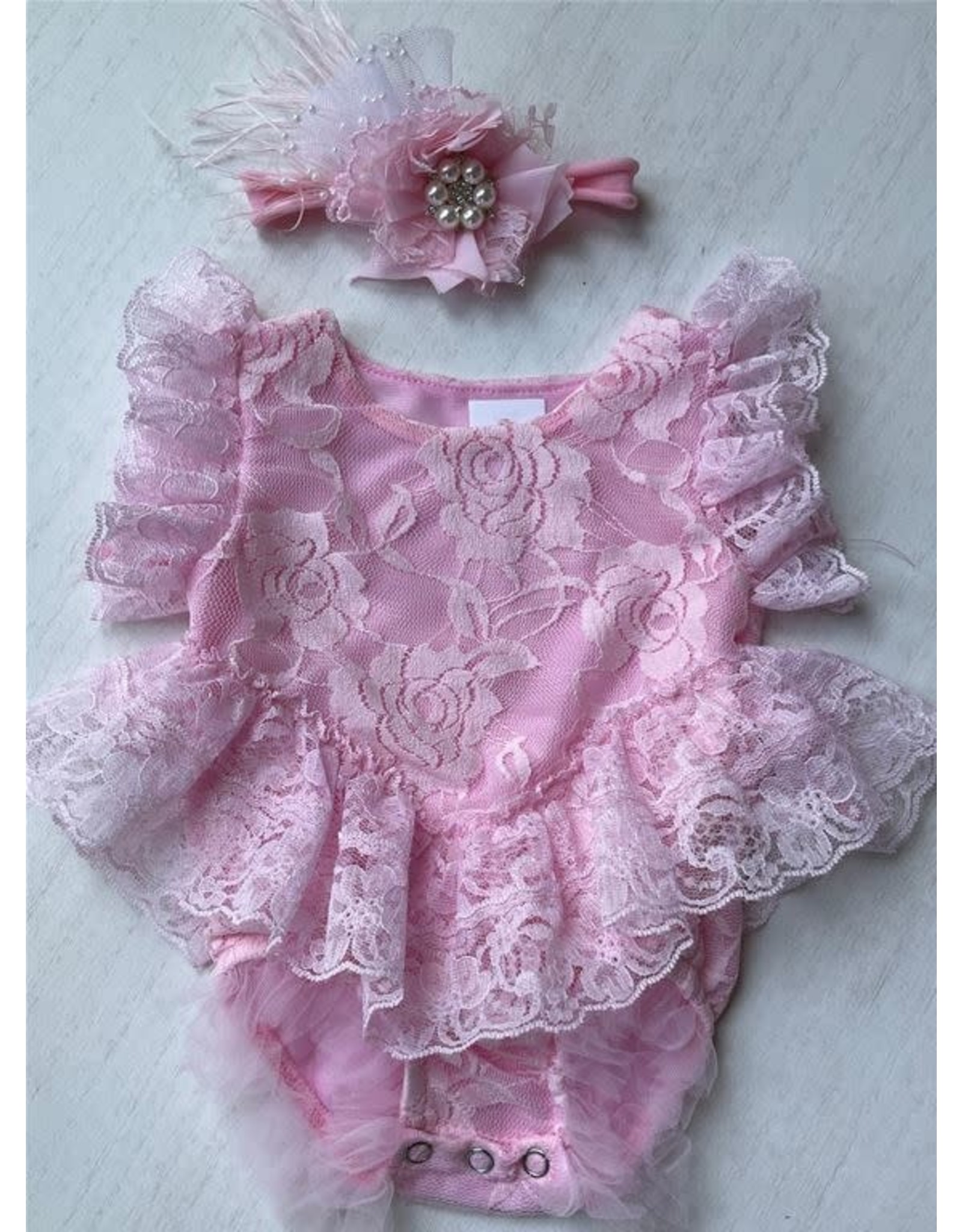 Bella Reese- Newborn Pink Lace Romper & Pink HB