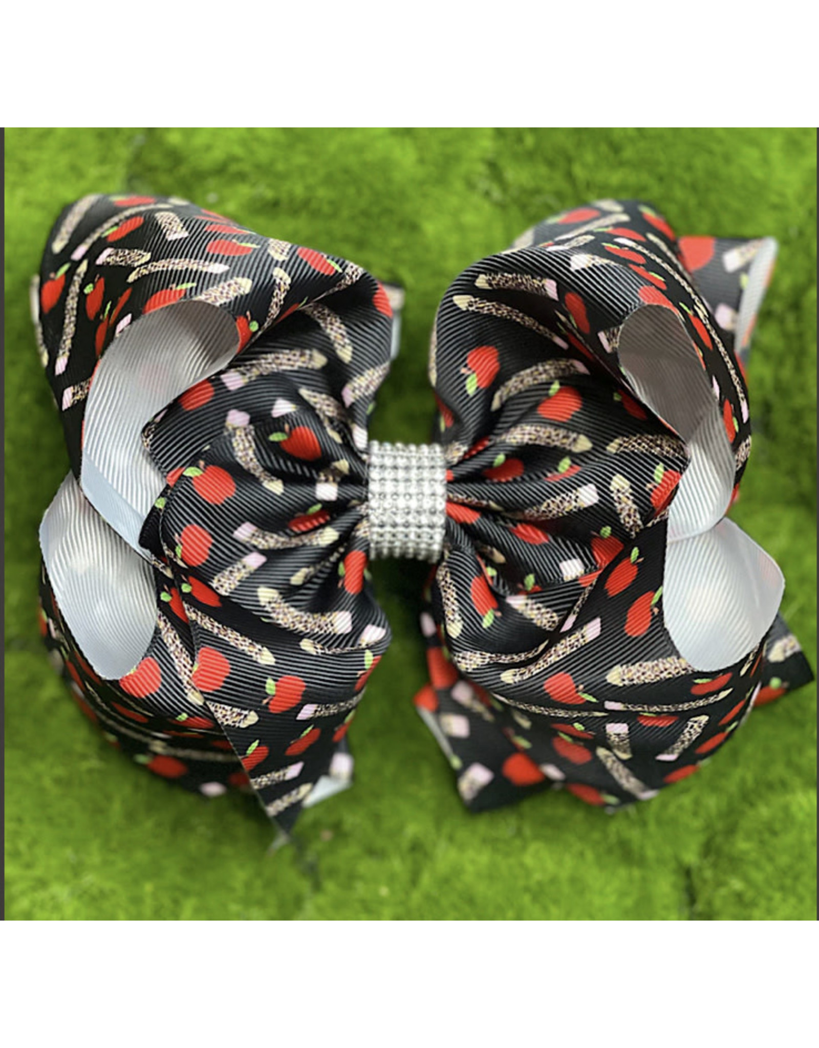 Leopard Crayon/Apple Print 7.5" Rhinestone Bow