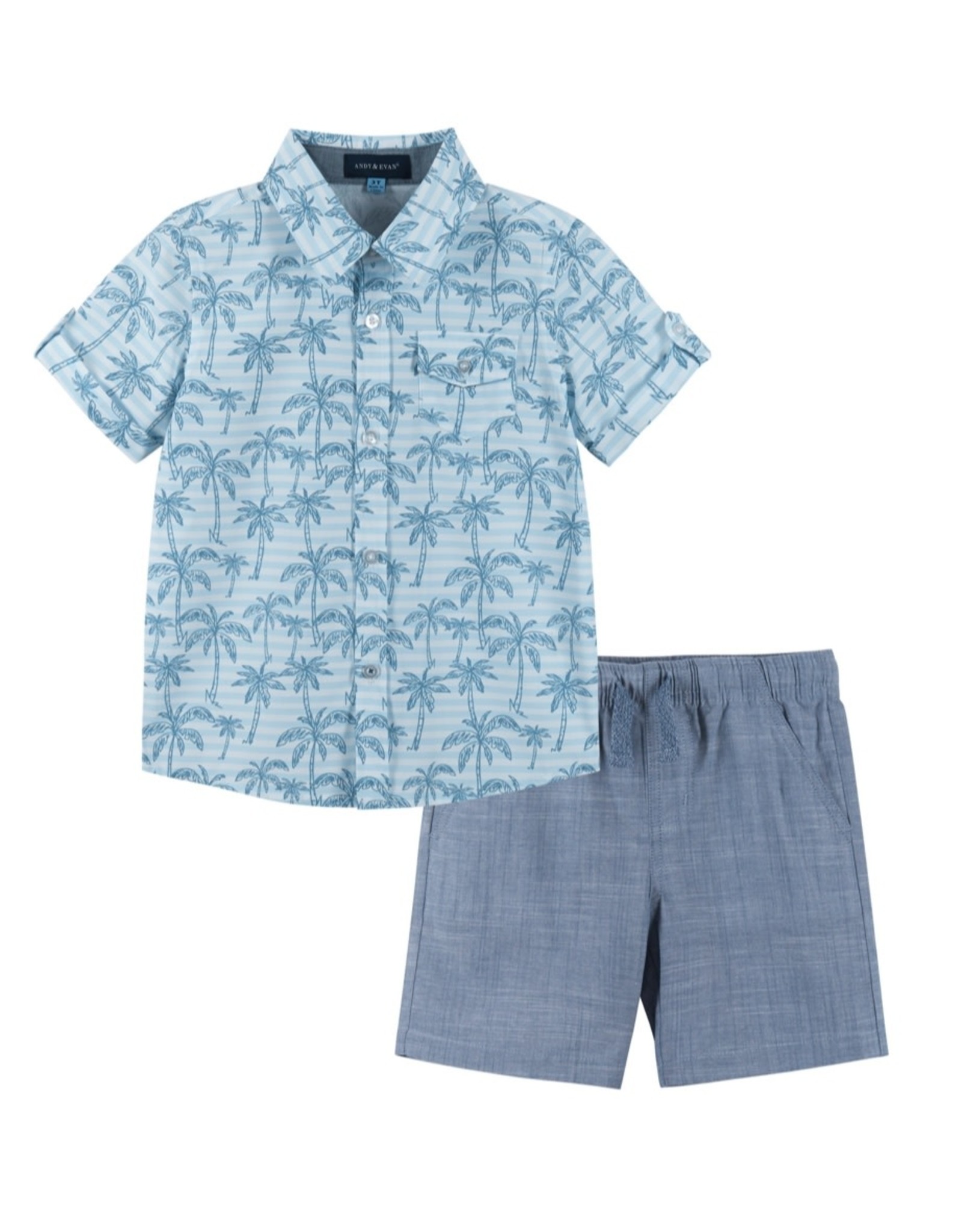 Andy & Evan Andy & Evan- Blue Bamboo Stripe & Palms Button Down Set