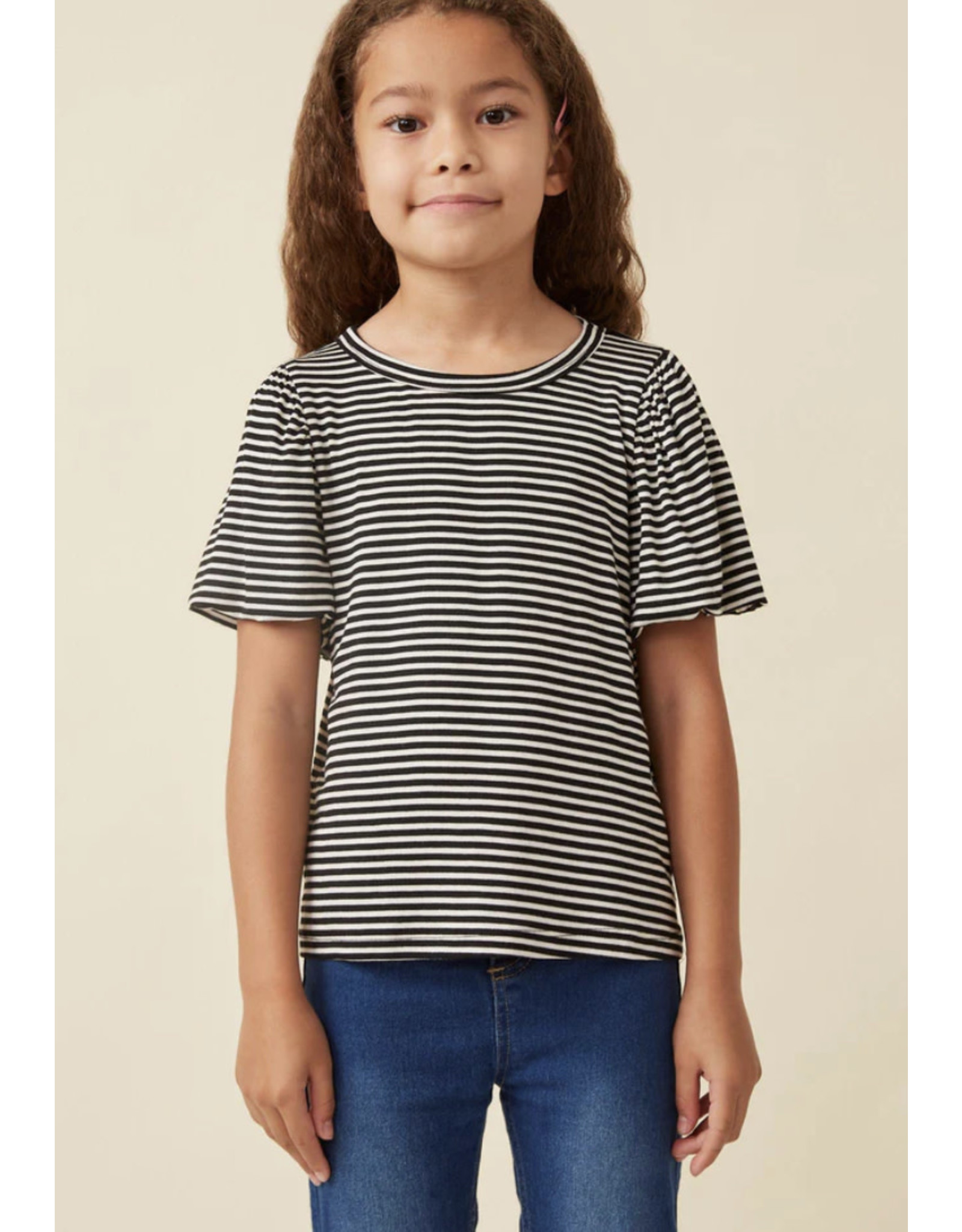 Hayden- Black Striped Puff Sleeve Knit Shirt