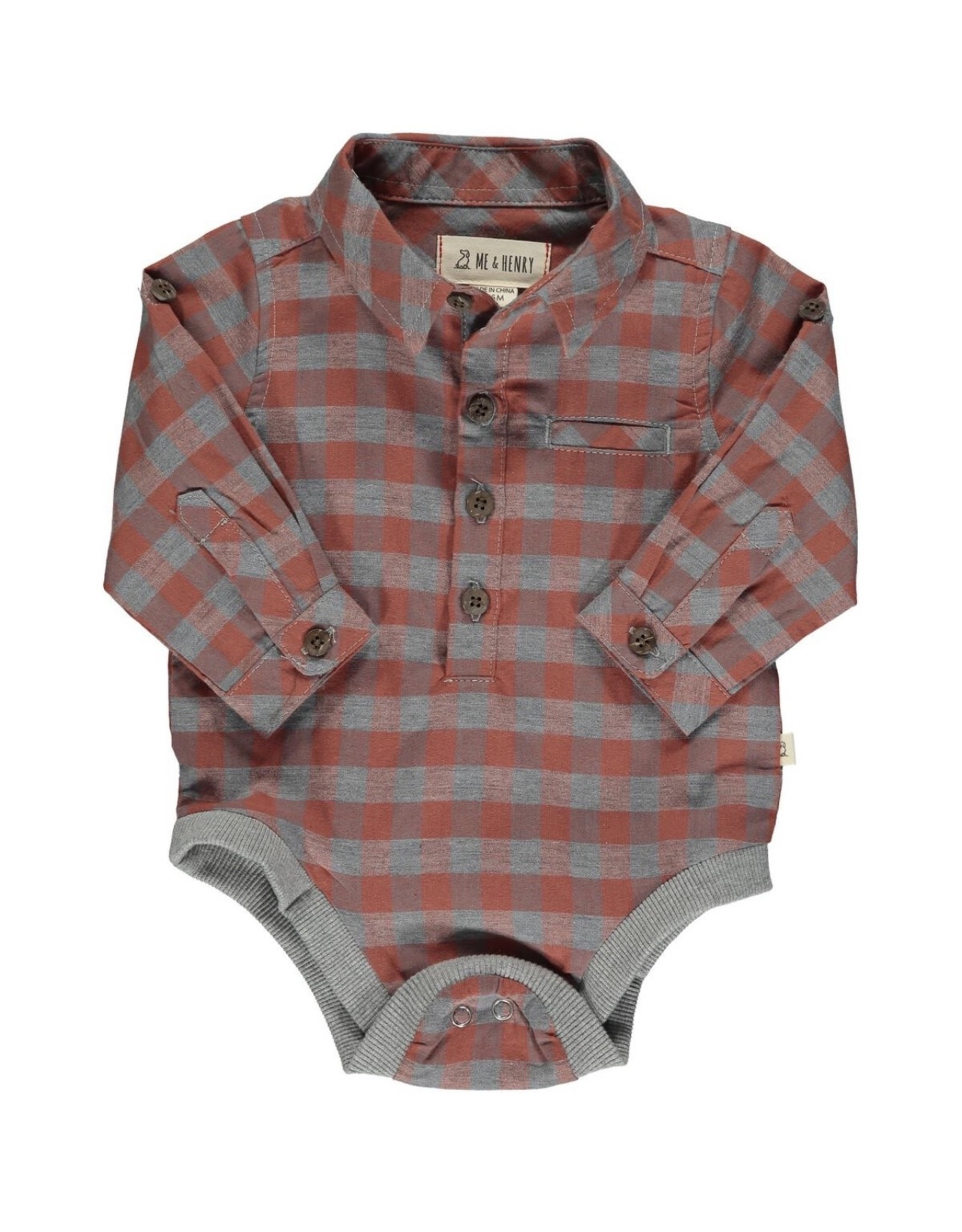 Me & Henry Me & Henry- Jasper Woven Onesie: Grey/Rust Plaid