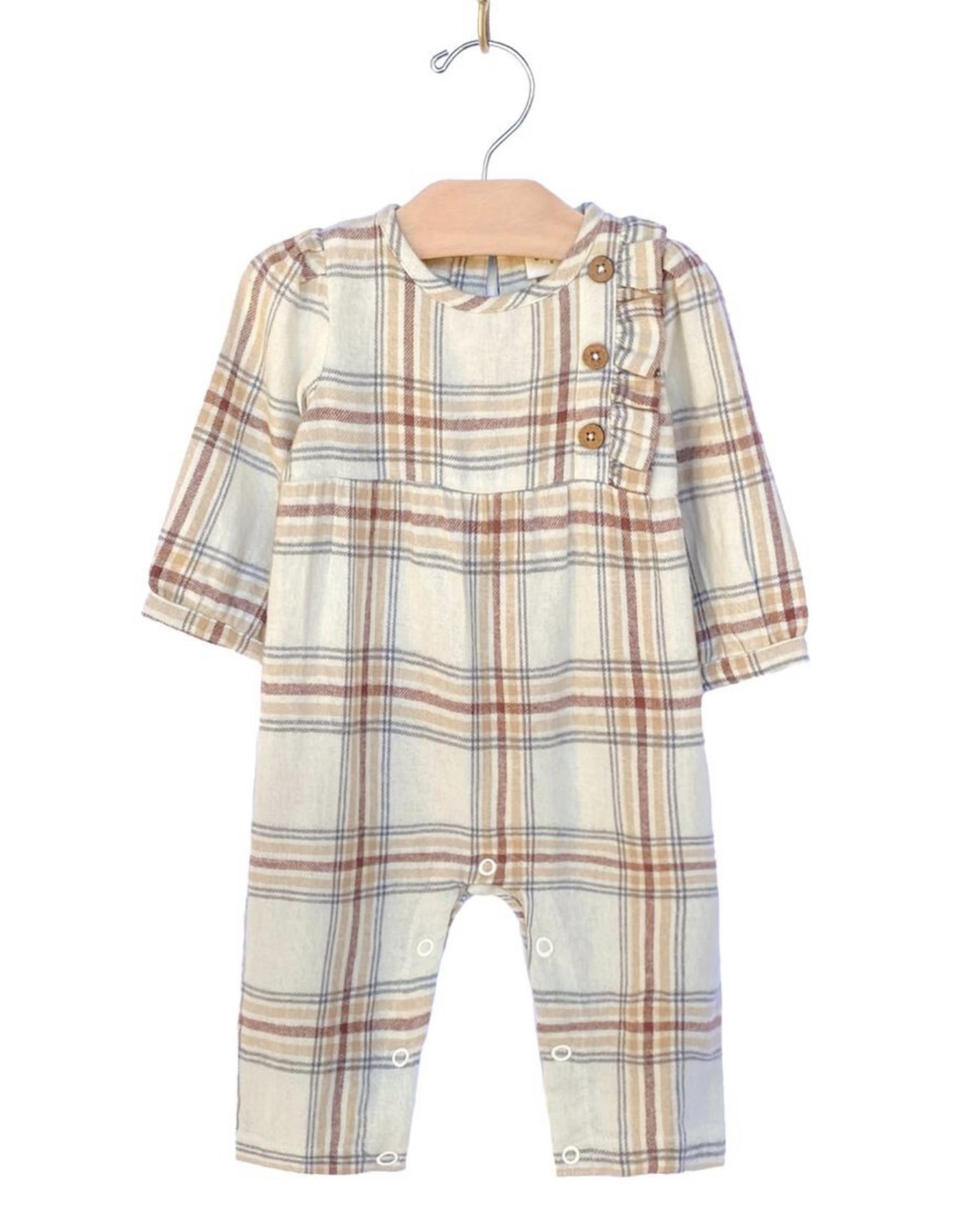 City Mouse City Mouse- Light Taupe Flannel Side Button Romper