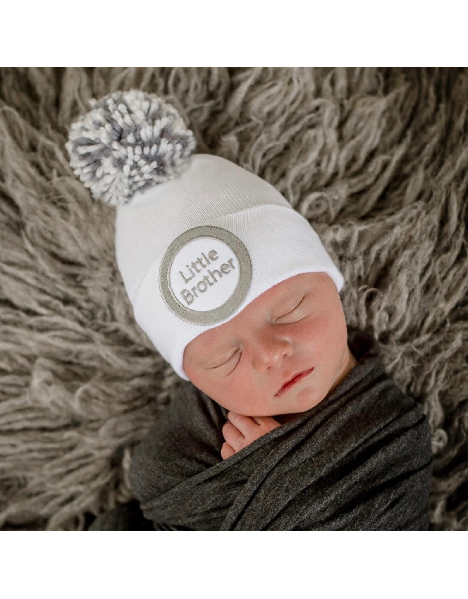 ILYBEAN Ilybean- White Little Brother w/ Gray Mixed Pom Nursery Beanie