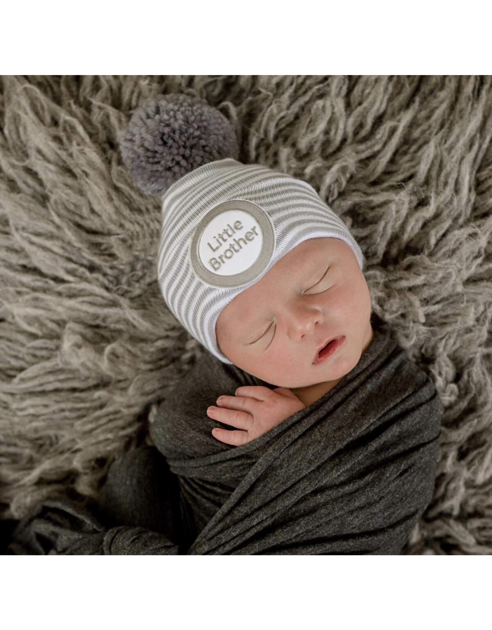 ILYBEAN Ilybean- Gray Striped Pom Little Brother Nursery Beanie