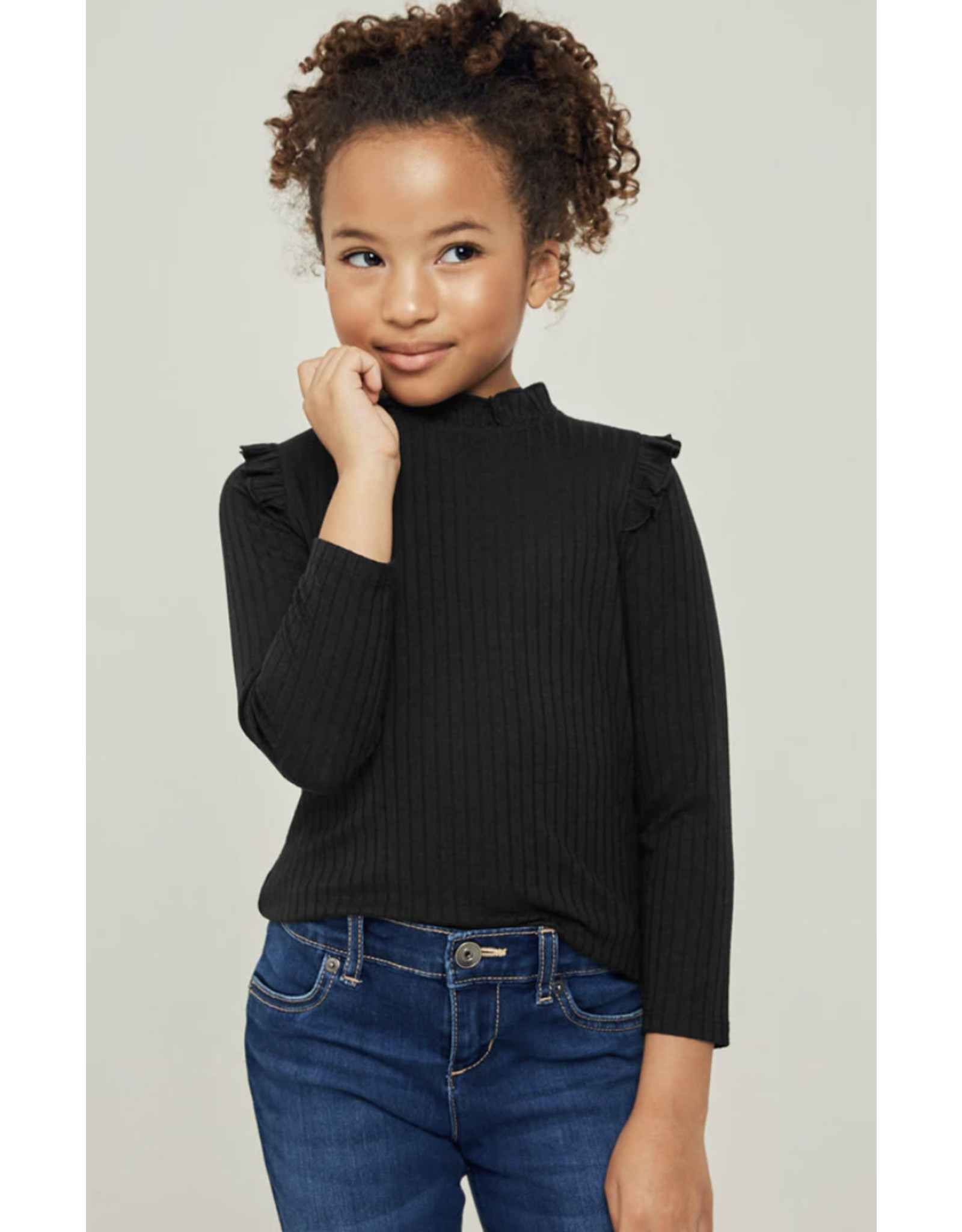 Hayden- Black Ribbed Ruffle Mock Top