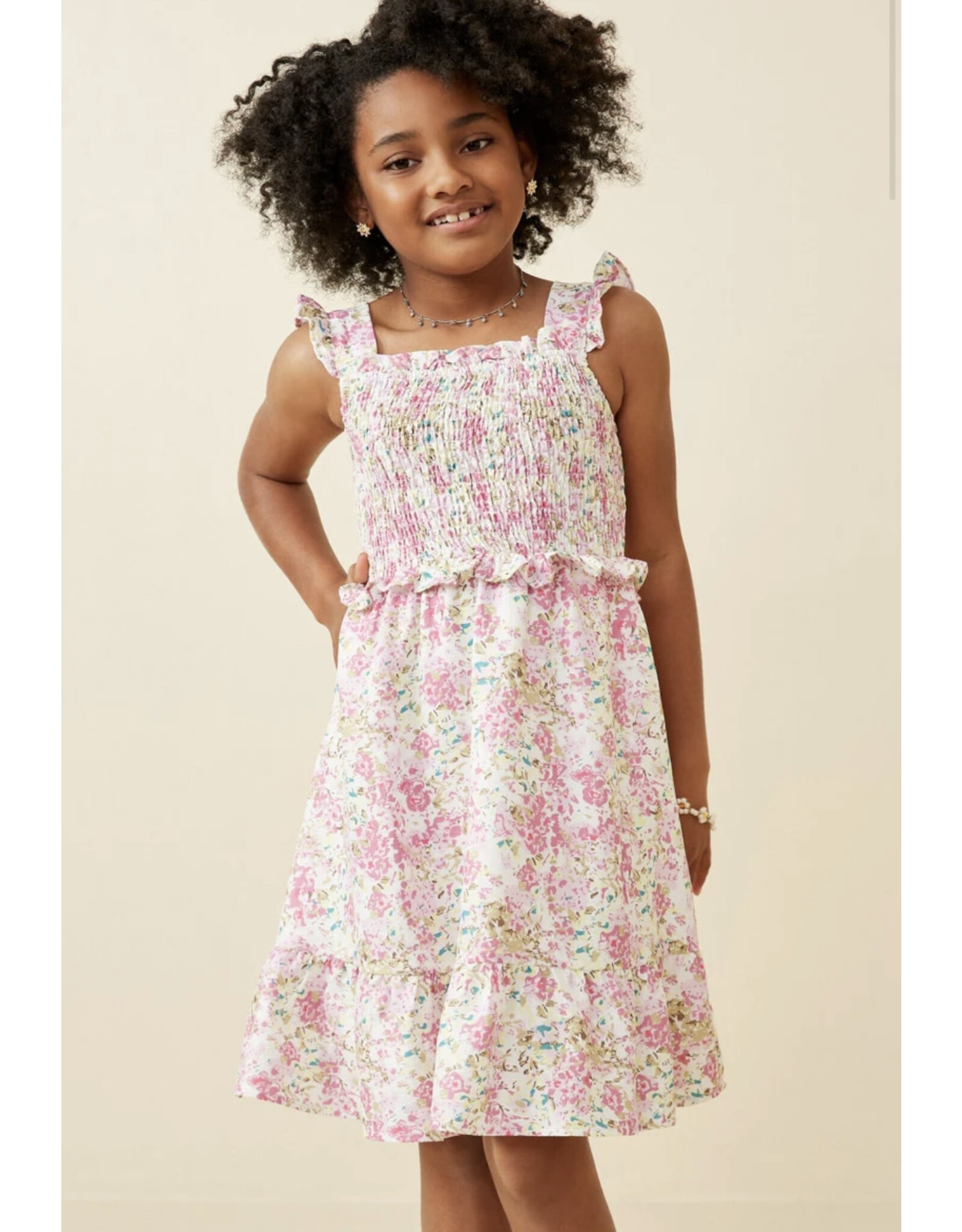 Hayden- Pink Floral Smocked Tank Ruffle Dress