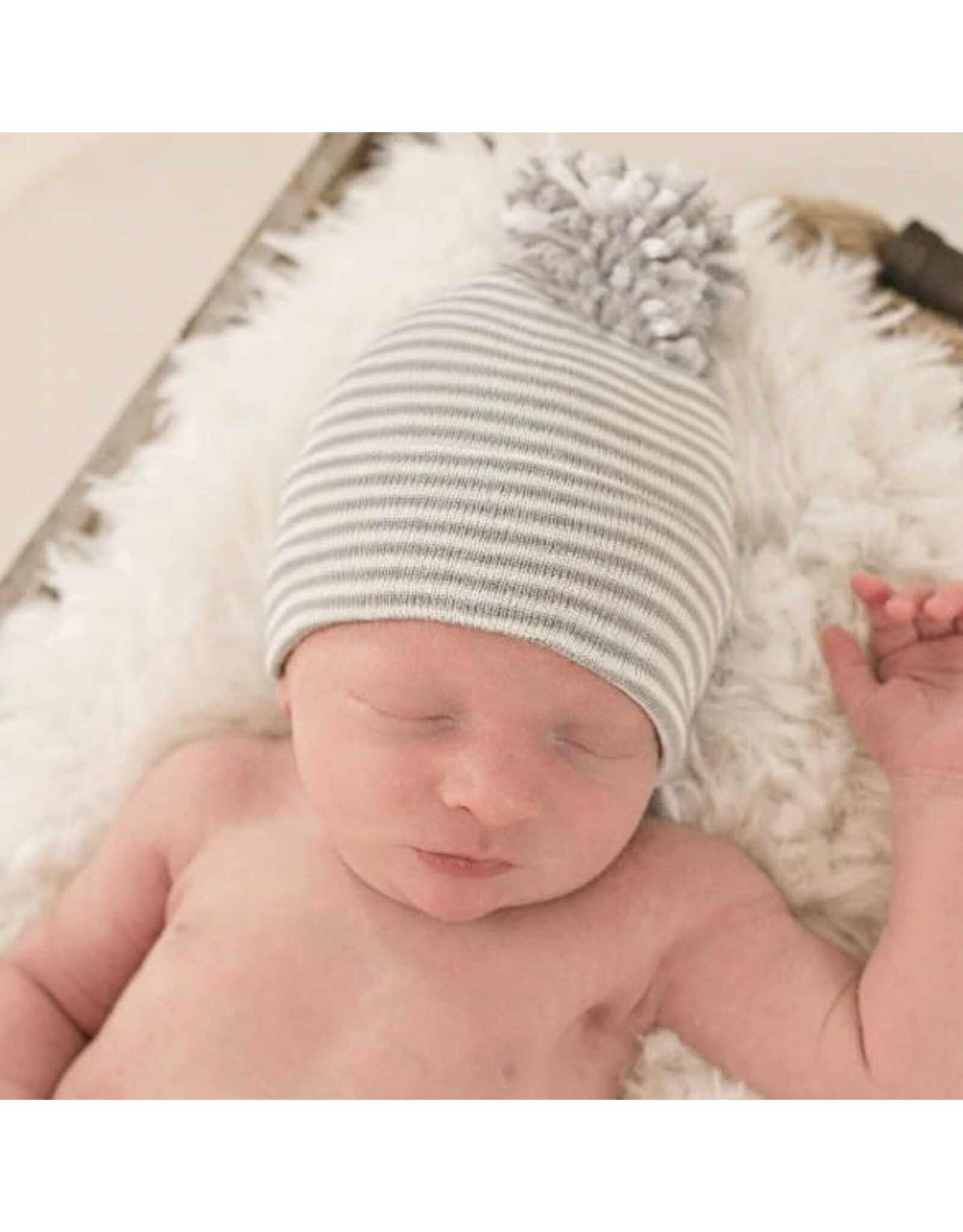 ILYBEAN Ilybean- Gray White Striped w/ Mixed Pom Nursery Beanie