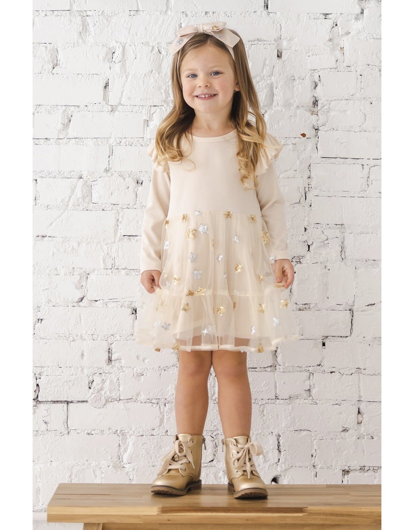 Isobella & Chloe Isobella & Chloe- Nutcracker Ivory Ribbed Knit Emboidered Tulle Dress