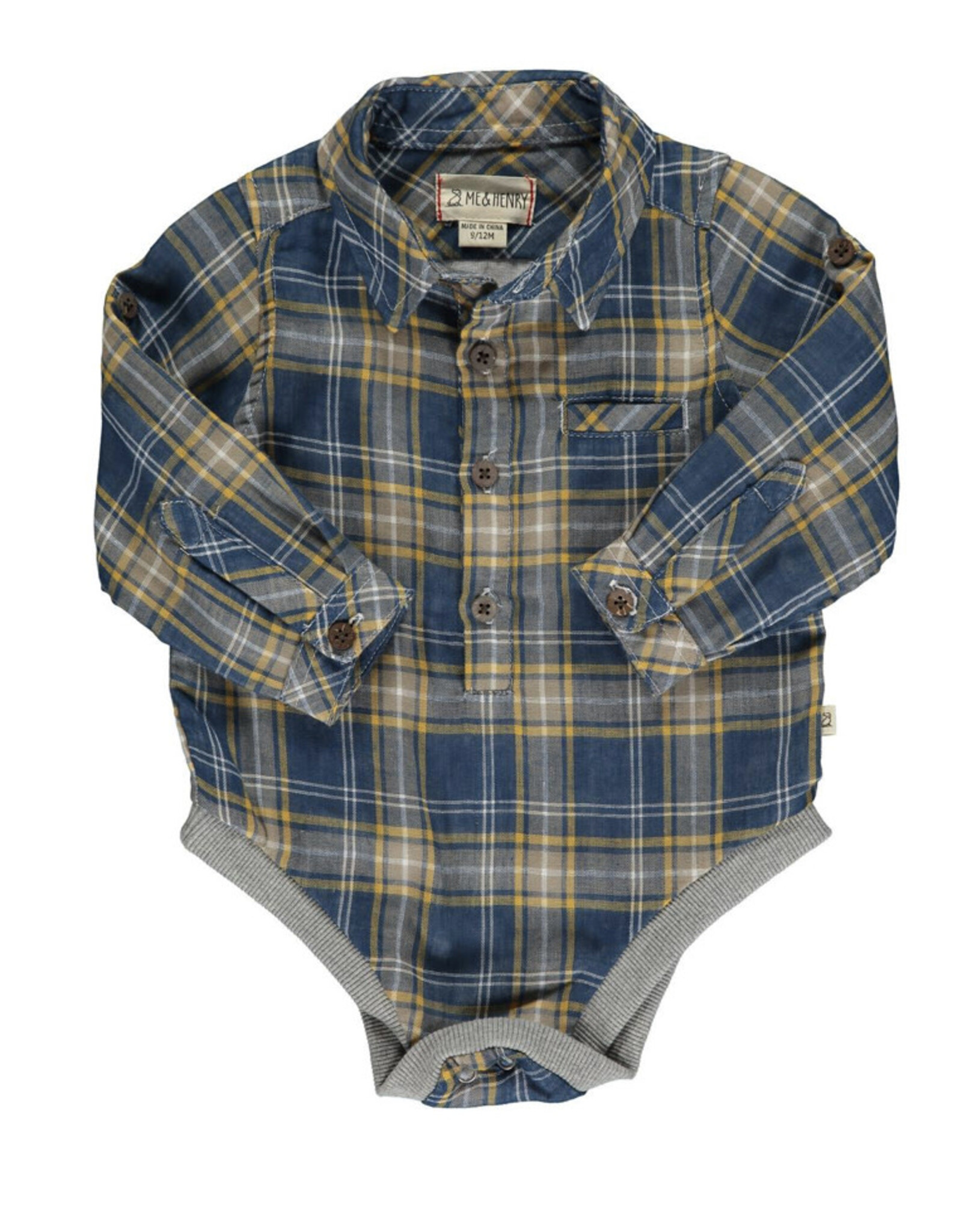 Me & Henry Me & Henry- Jasper Woven Onesie: Blue/Grey Plaid