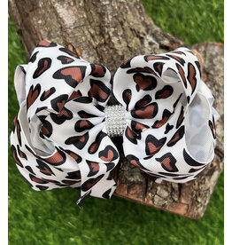 Brown Spotted Heart Print 7.5" Rhinestone Bow