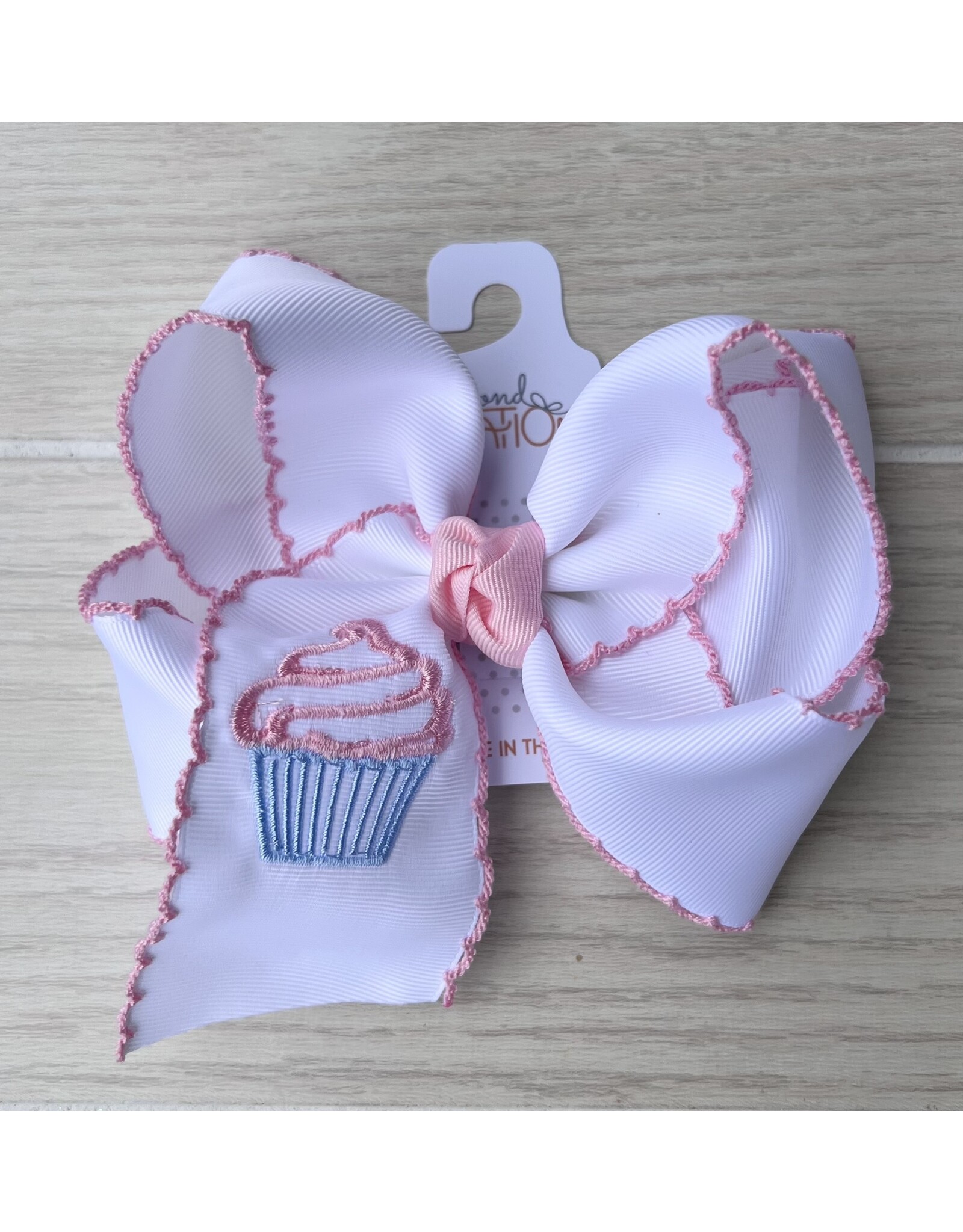Beyond Creations Beyond Creations- 5.5" XL Pink/Blue Cupcake Embroidered Crochet Edge Knot Bow