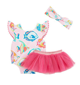 Mudpie Mud Pie- Pink Fish/Stripe Reversible Swimsuit & Tutu Set