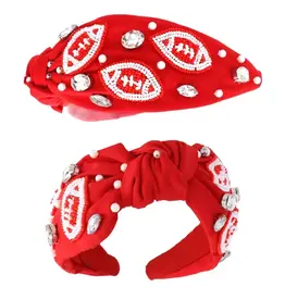 Rhinestone Gems & Beaded Football Pattern Knotted Red/ White Headband