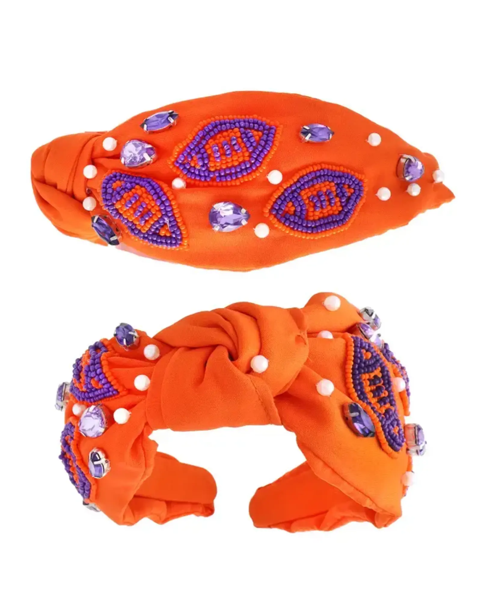 Rhinestone Gems & Beaded Football Pattern Knotted Orange/ Purple Headband