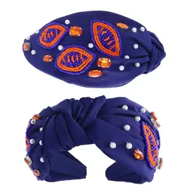 Rhinestone Gems & Beaded Football Pattern Knotted Orange/ Navy Headband