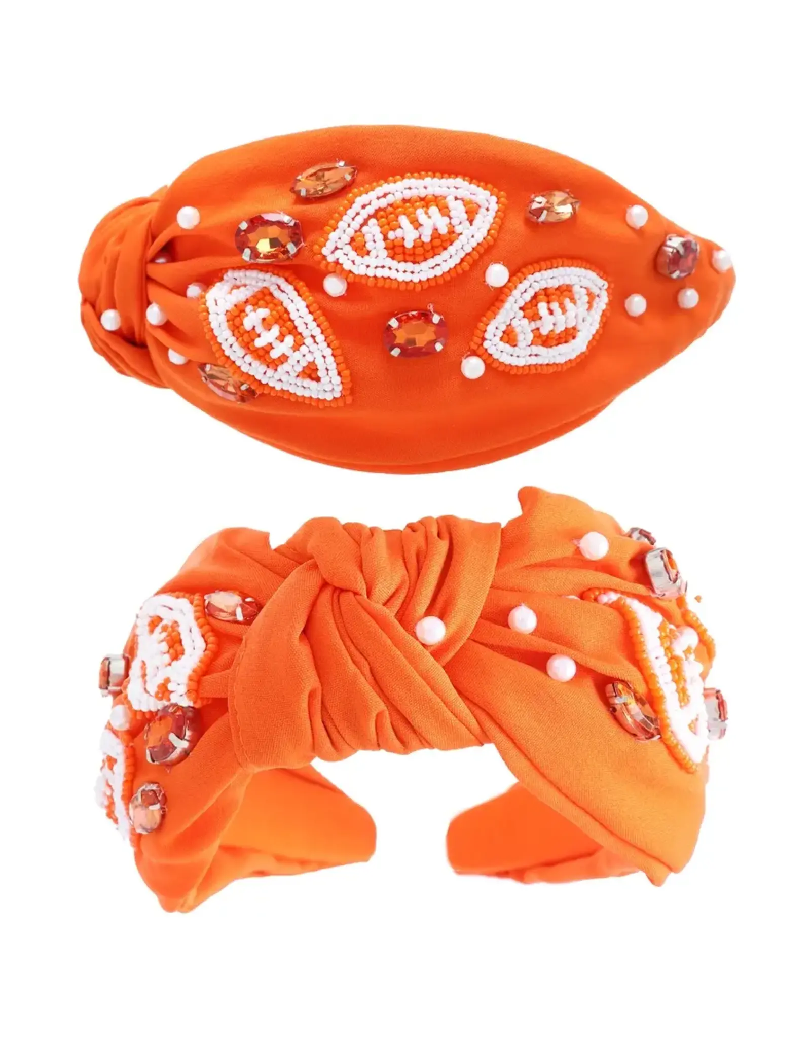 Rhinestone Gems & Beaded Football Pattern Knotted Orange/ White Headband