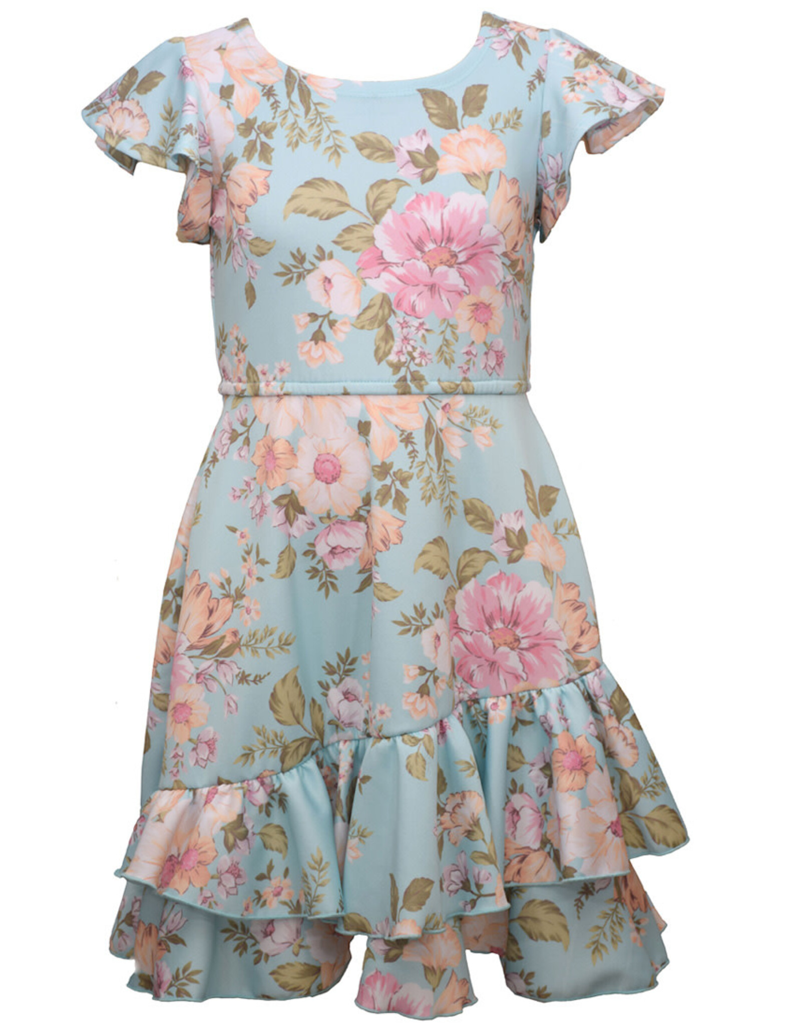 Bonnie  Jean Bonnie Jean- Aqua Flutter Sleeve Floral Scuba Dress