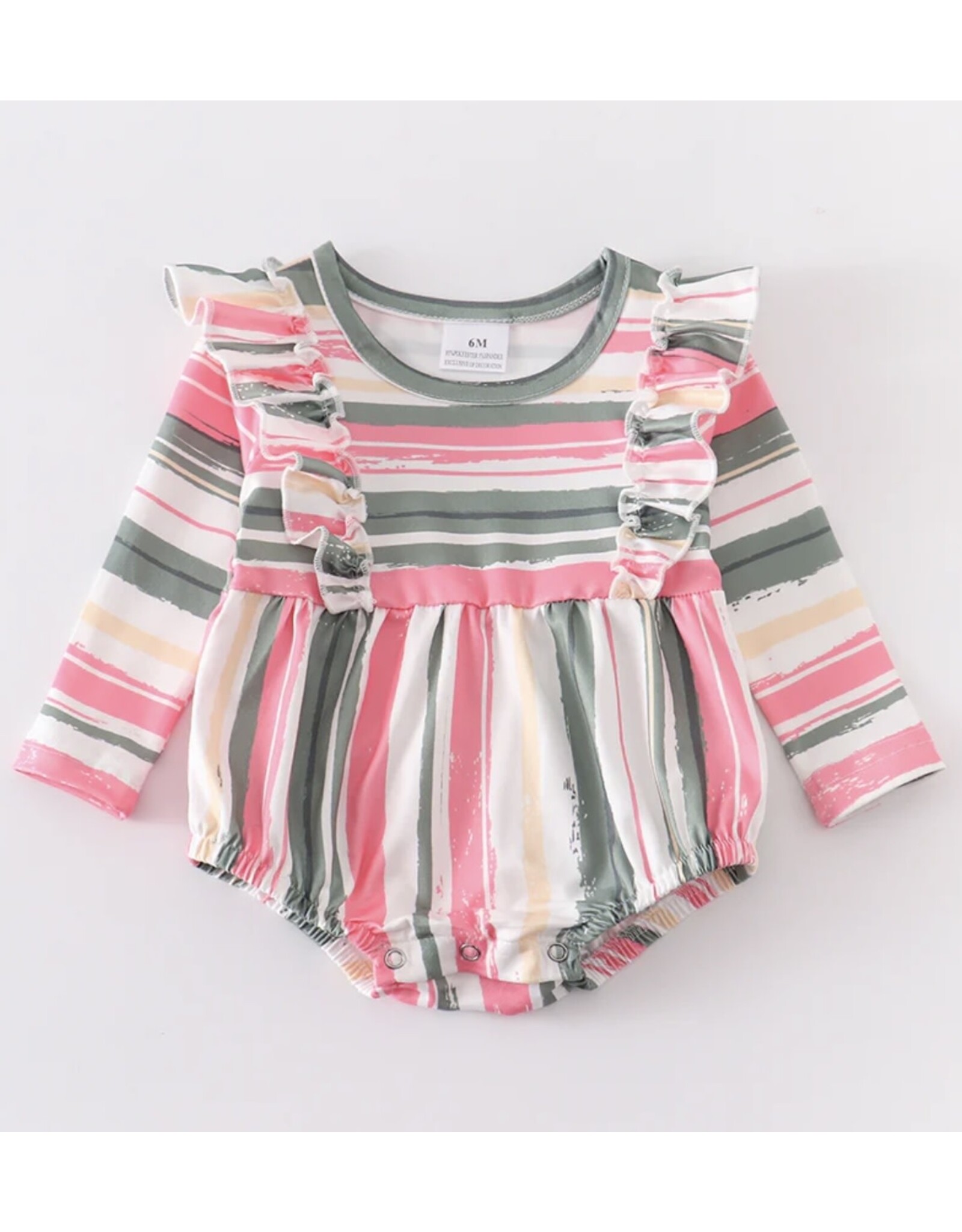 Sage & Pink Stripe Ruffle Romper