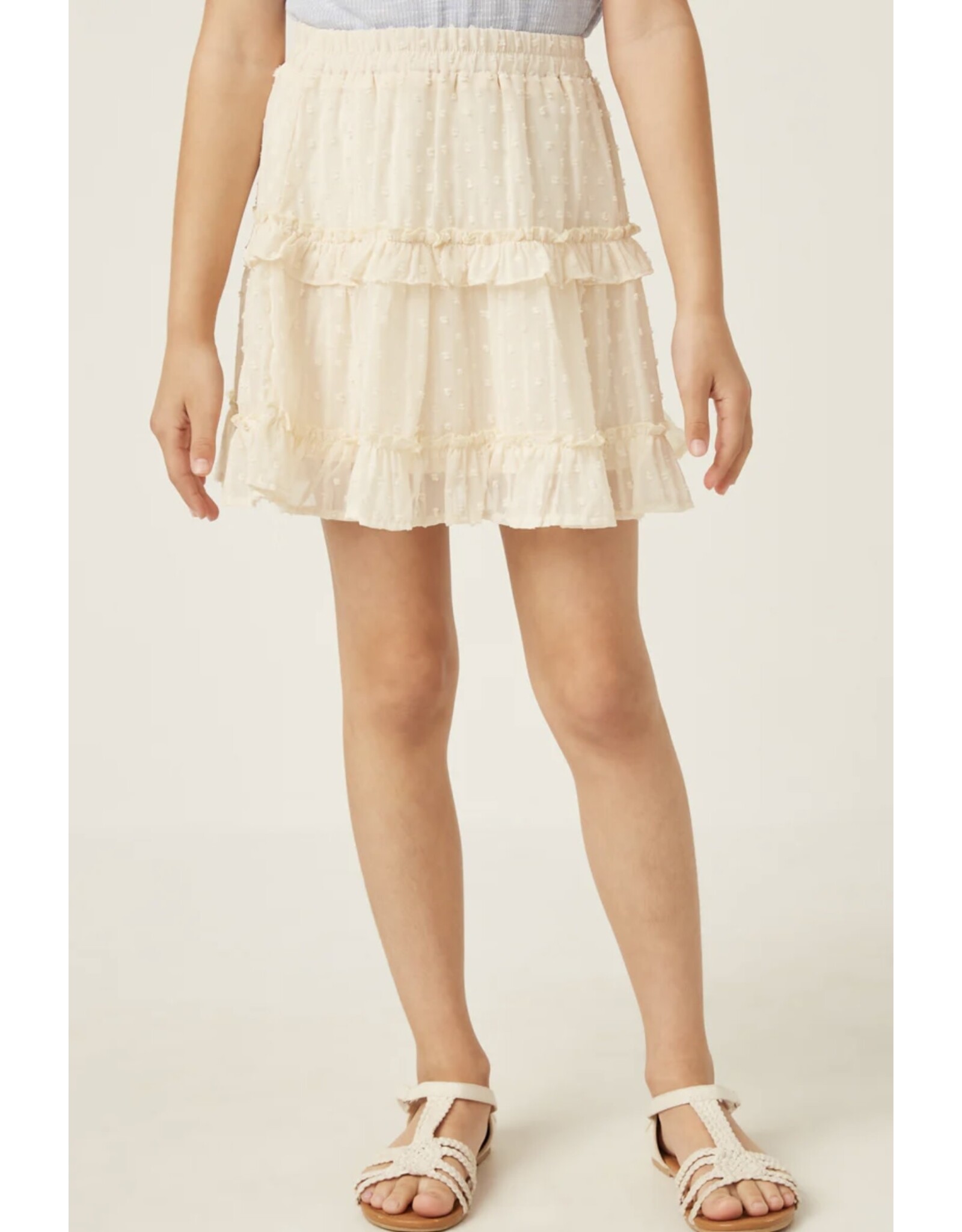 Hayden- Cream Elastic Waist Ruffle Swiss Dot Skirt