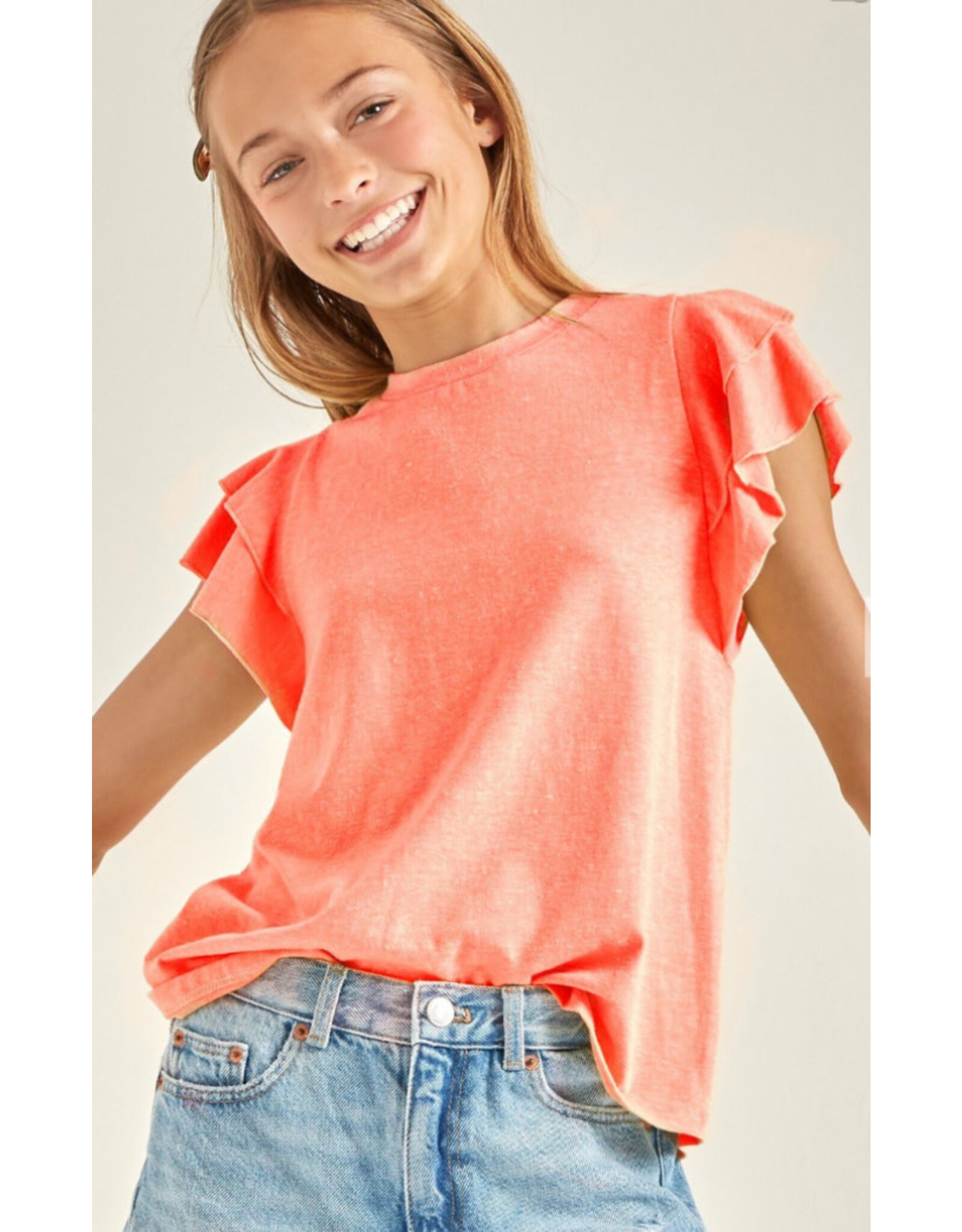 Good Girl Good Girl- Coral Neon Tiered Flutter Sleeve Knit Top