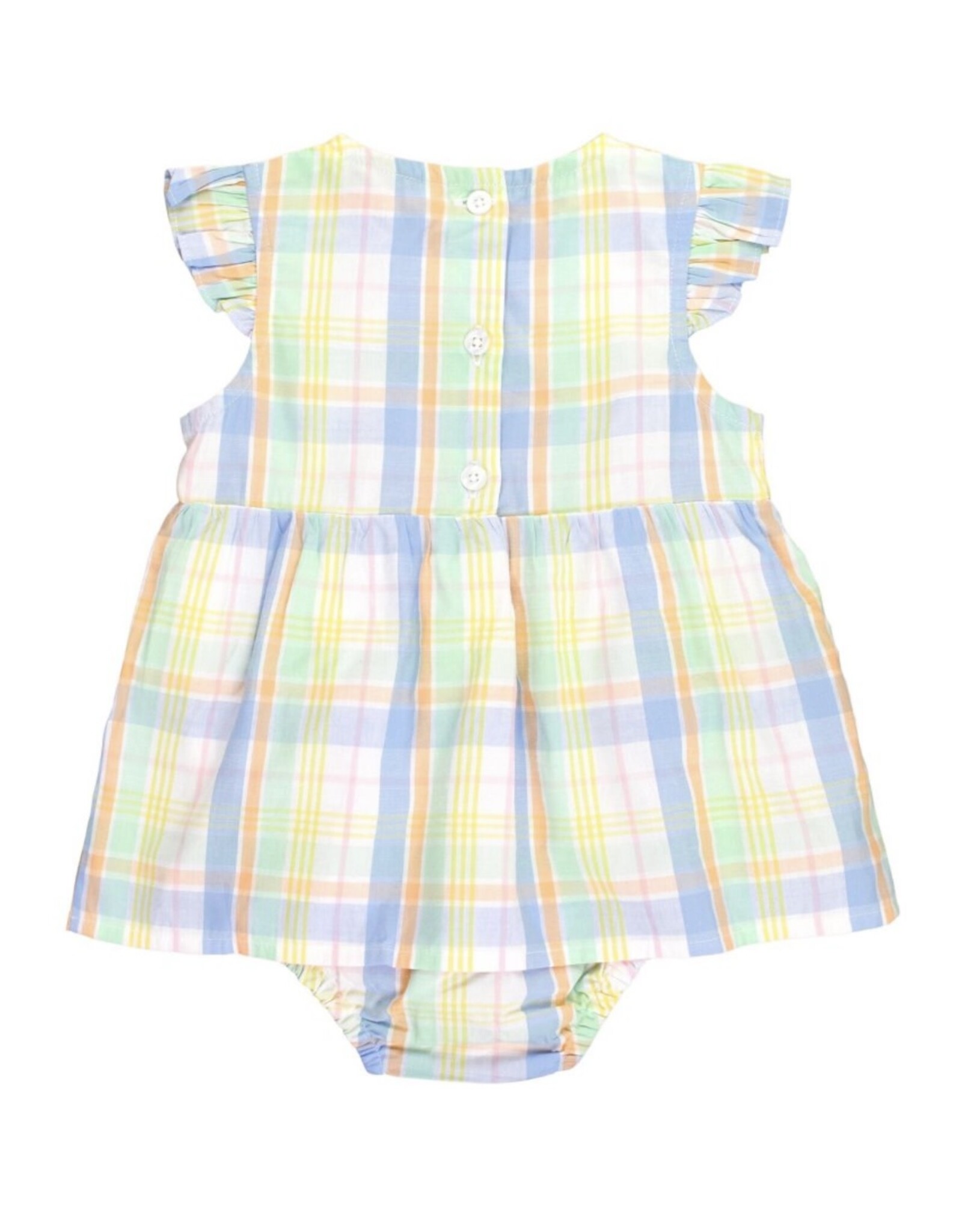 Ruffle Butts RB- Clubhouse Rainbow Plaid Flutter Sleeve Skirted Romper