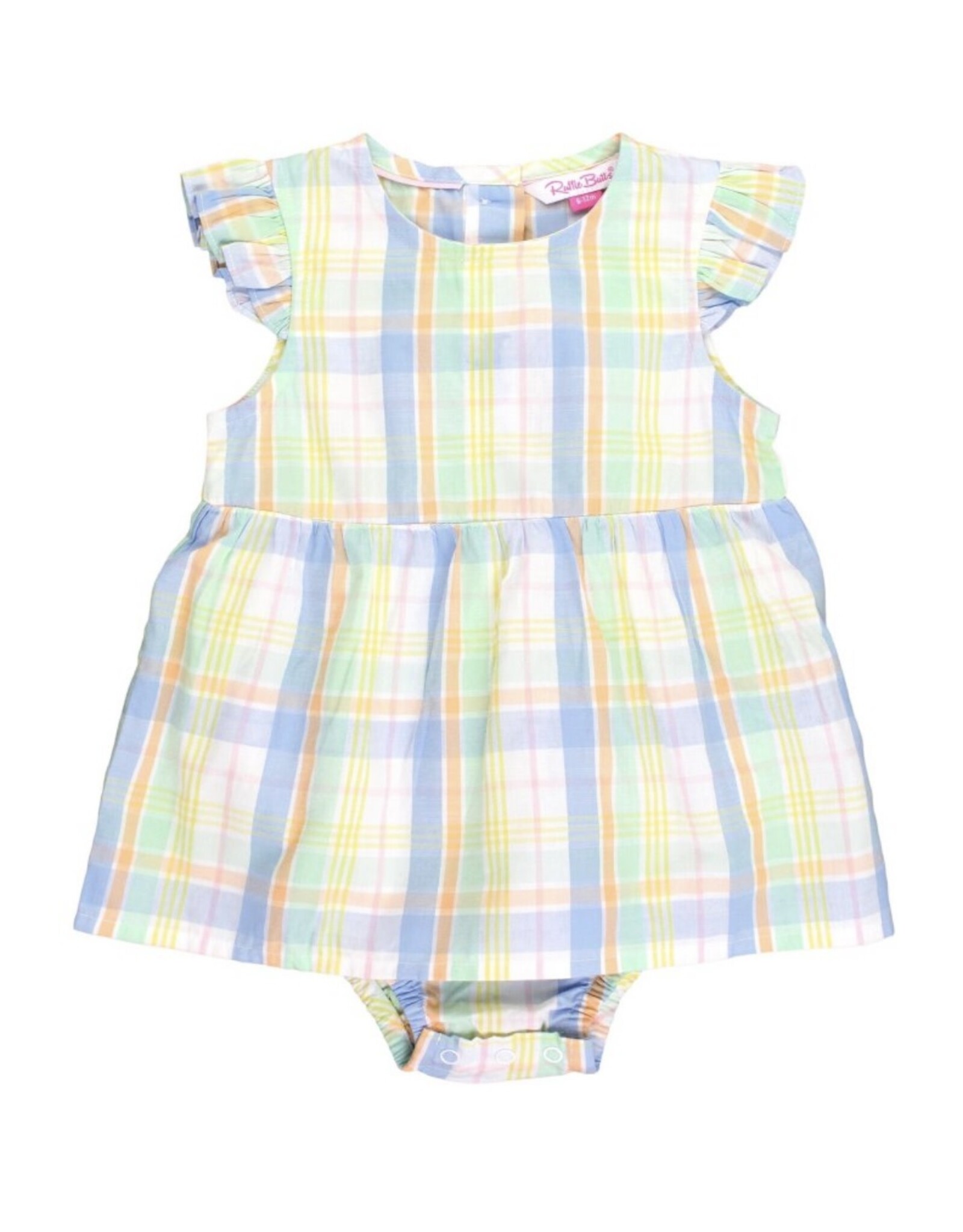 Ruffle Butts RB- Clubhouse Rainbow Plaid Flutter Sleeve Skirted Romper