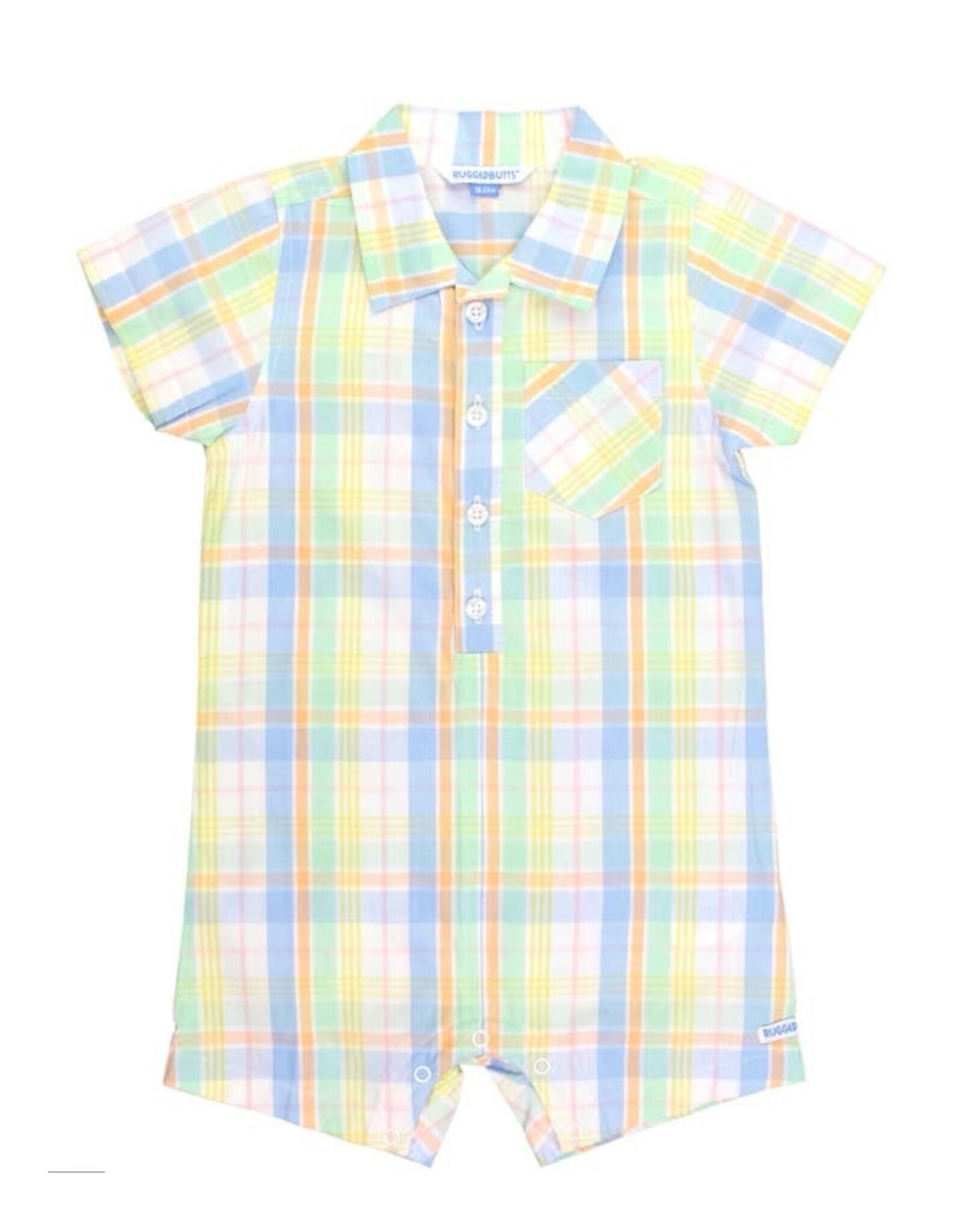 Ruffle Butts Ruffle Butts- Clubhouse Rainbow Plaid S/S Woven Button-Up Romper