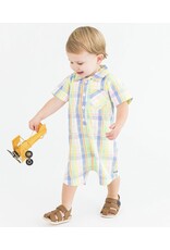 Ruffle Butts Ruffle Butts- Clubhouse Rainbow Plaid S/S Woven Button-Up Romper