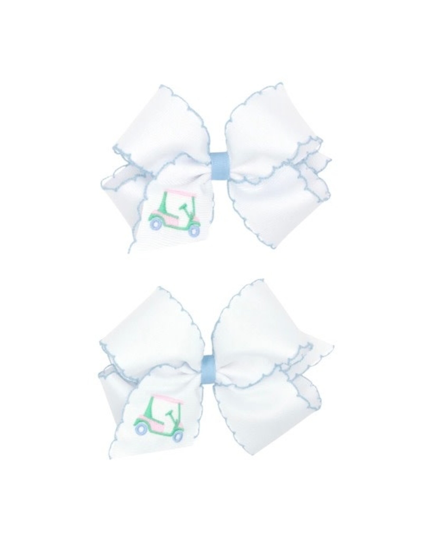 Wee Ones- Golf Cart Embroidered Moonstitch Blue Edge Bow