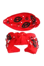 Rhinestone Gems & Beaded Football Pattern Knotted Red/ Black Headband