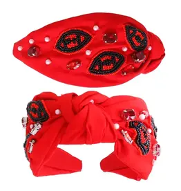 Rhinestone Gems & Beaded Football Pattern Knotted Red/ Black Headband
