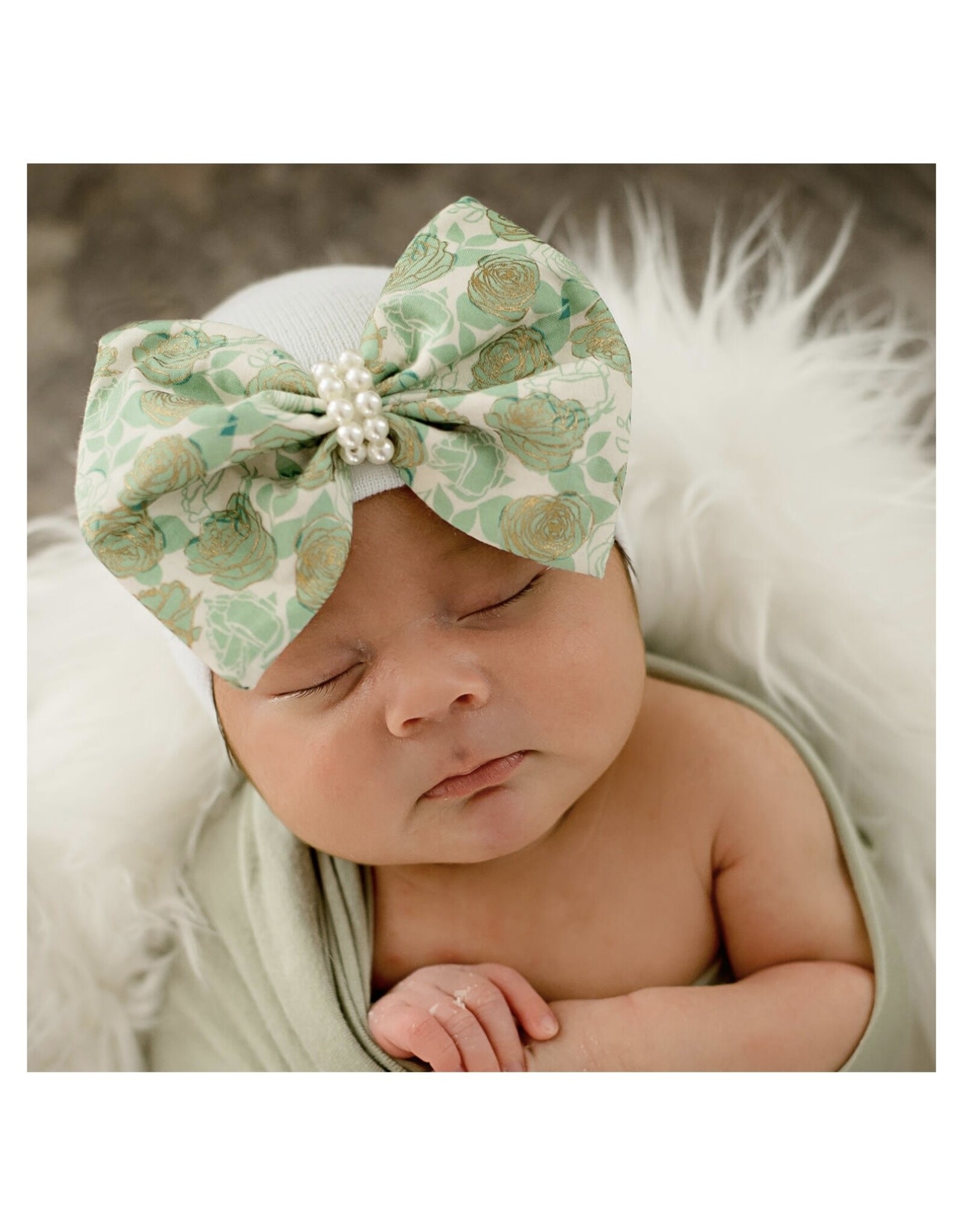 ILYBEAN Ilybean- Green Gold Pearl Floral Bow