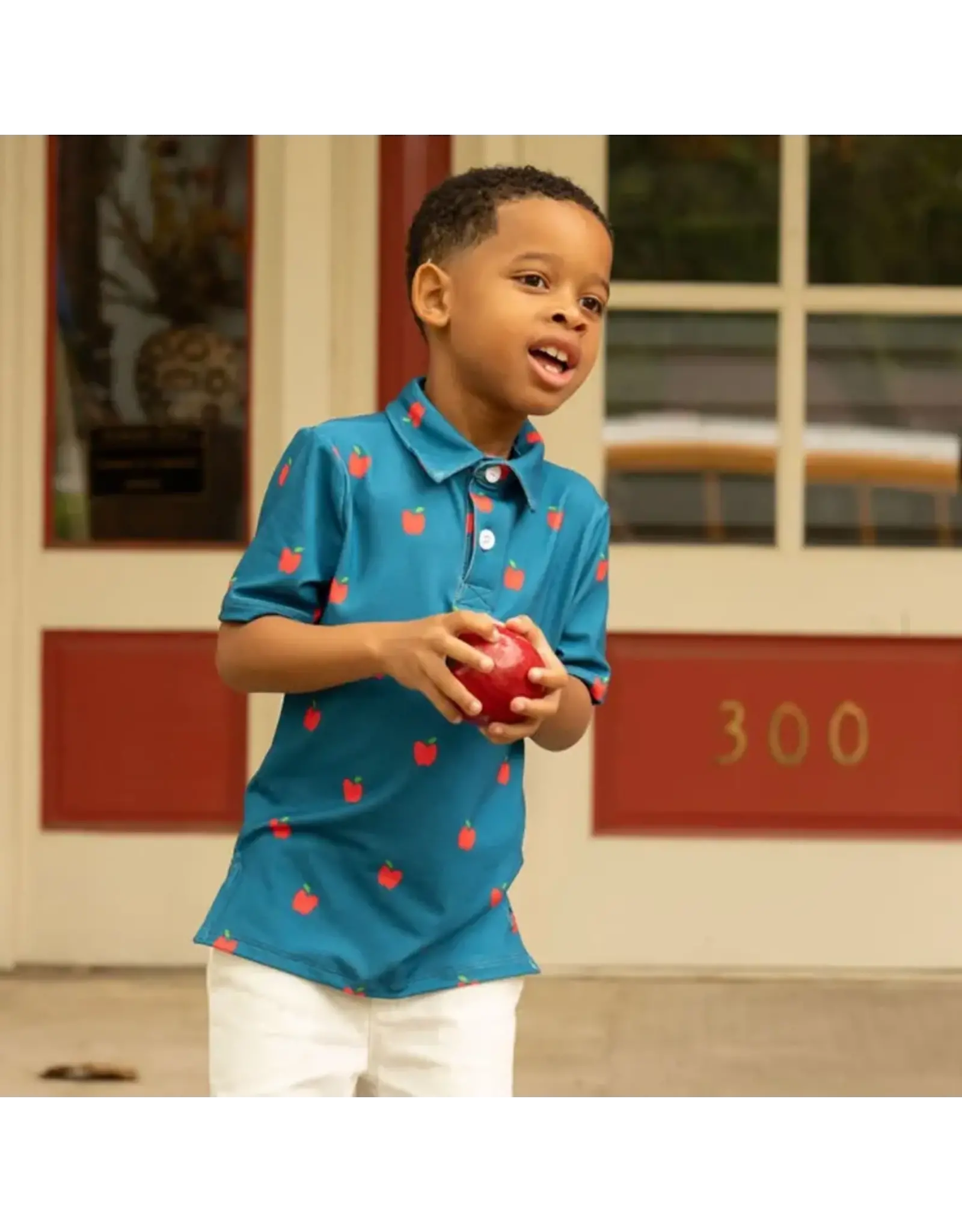 Sugar Bee Clothing Sugar Bee- Red Apples on Navy Polo