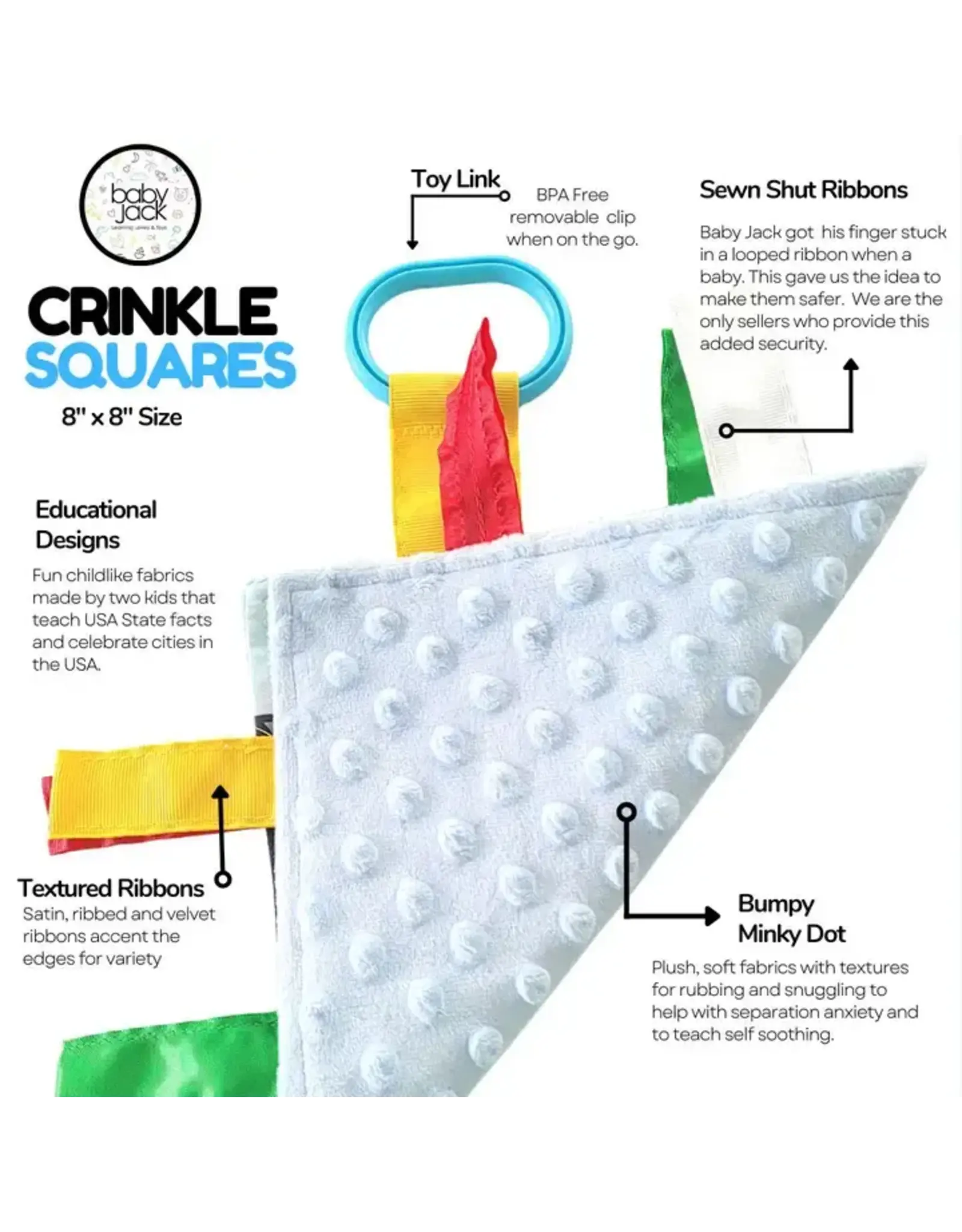 Baby Jack & Company Baby Jack & Co.- Space Rockets Crinkle Tag Toy Teether 8’ x 8’