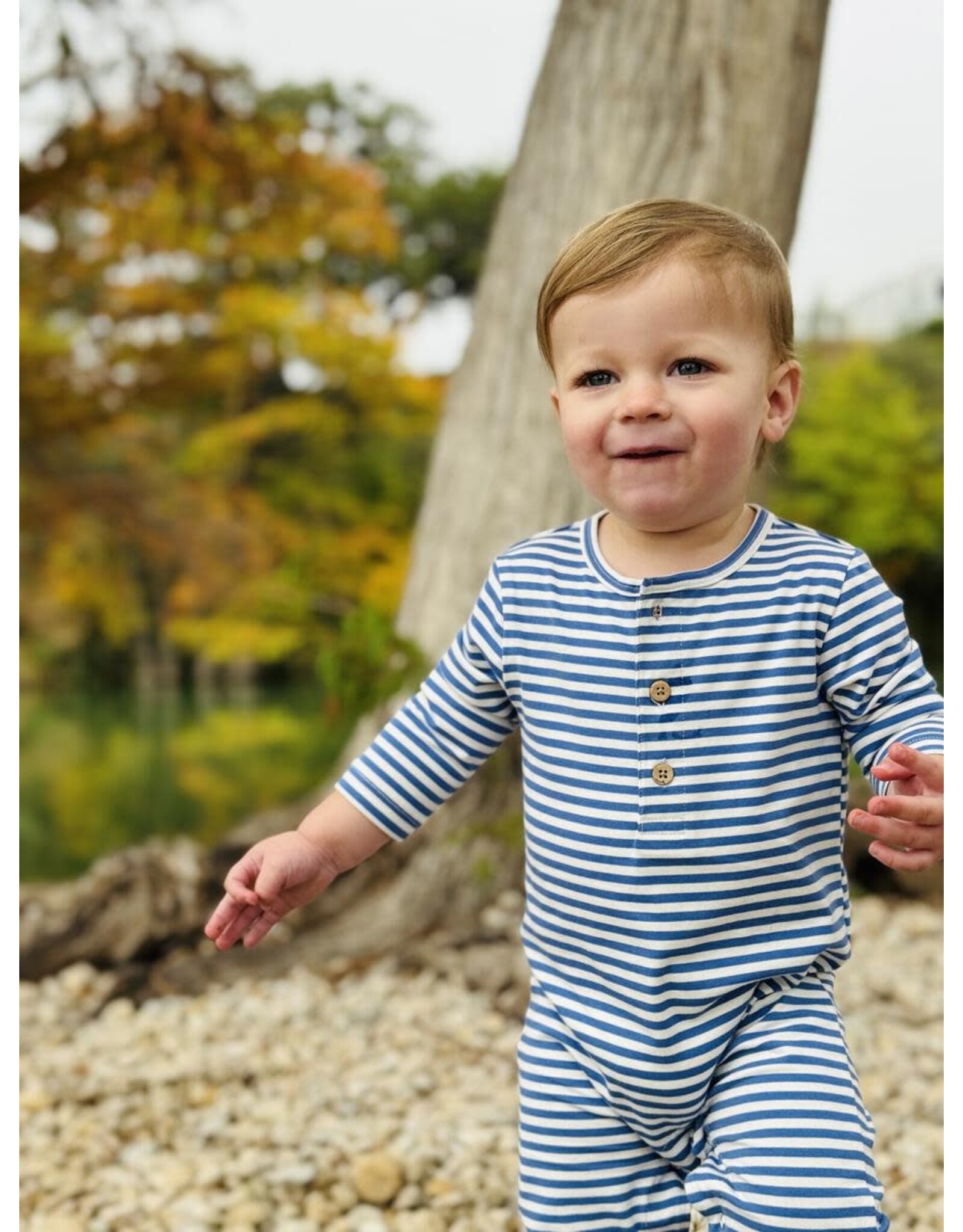 Me & Henry Me & Henry- Mason Romper: Blue/White Stripe