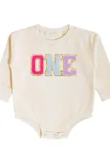 Sweet Wink- First Birthday Patch Romper: Natural 12-18M