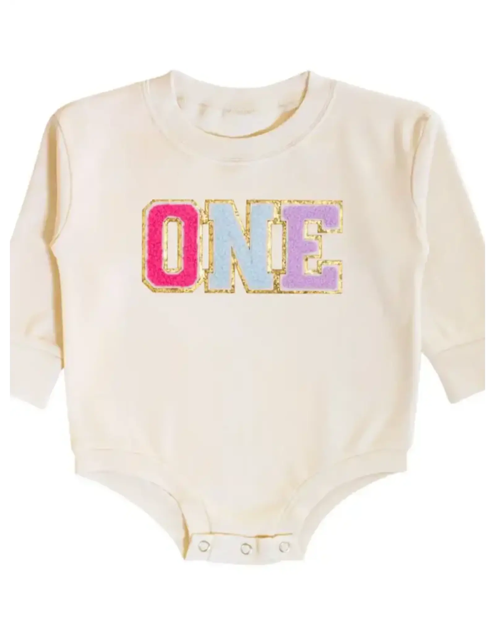 Sweet Wink Sweet Wink- First Birthday Patch Romper: Natural 12-18M