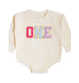 Sweet Wink- First Birthday Patch Romper: Natural 12-18M