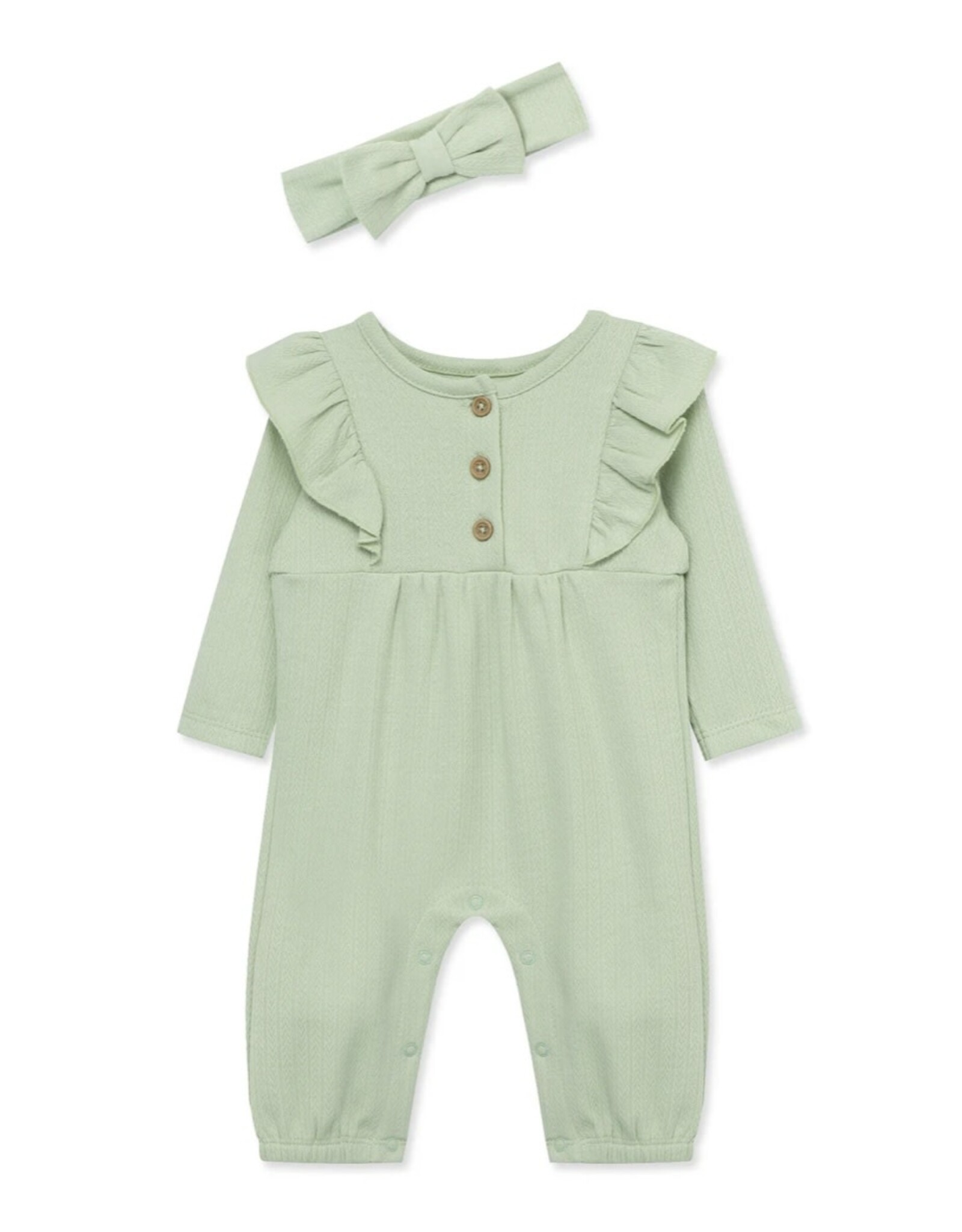 Little Me Little Me- Green Pointelle Jumpsuit Set