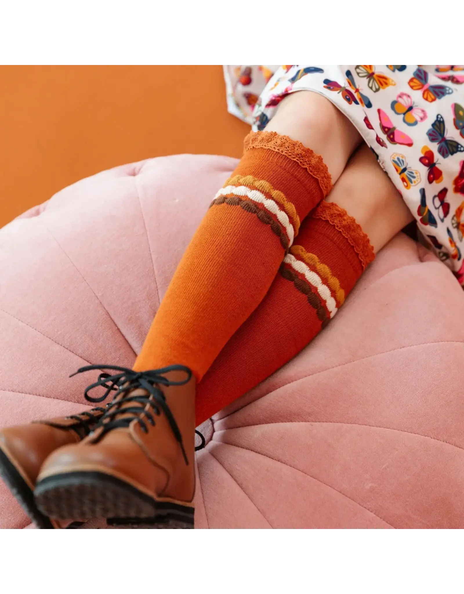 Little Stocking Co. Little Stocking- Harvest Bubble Stripe Lace Top Knee High Socks