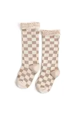 Little Stocking Co. Little Stocking- Checkered Vanilla/Oat Lace Top Knee High Socks