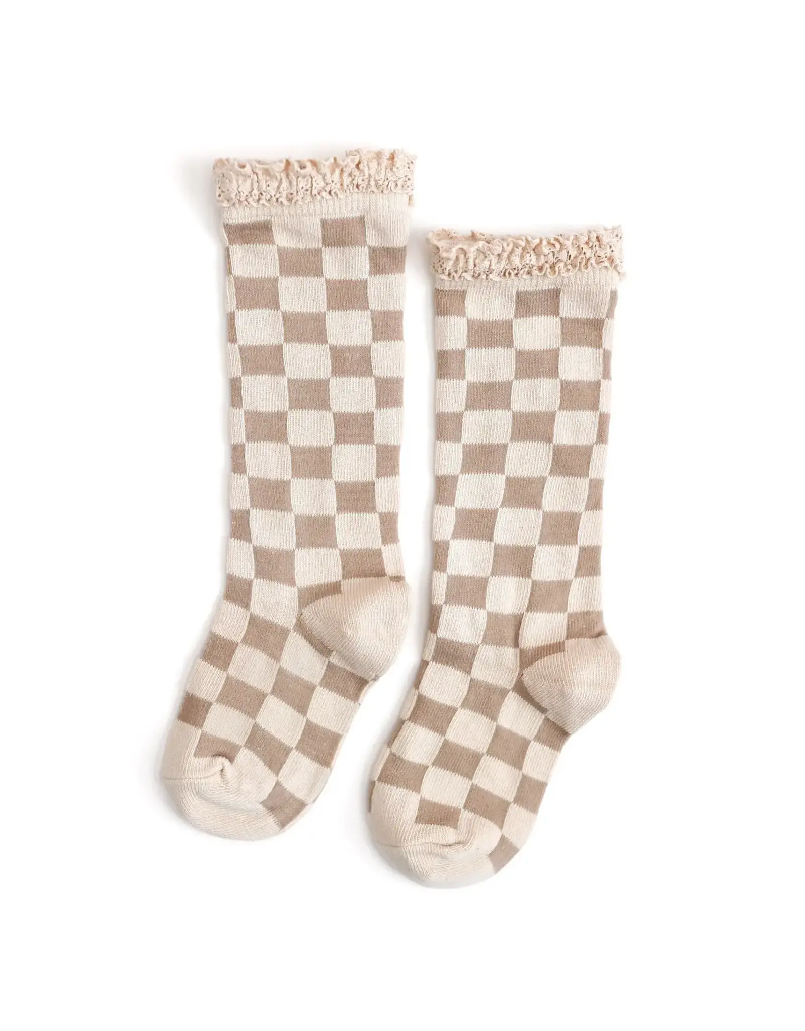 Little Stocking Co. Little Stocking- Checkered Vanilla/Oat Lace Top Knee High Socks