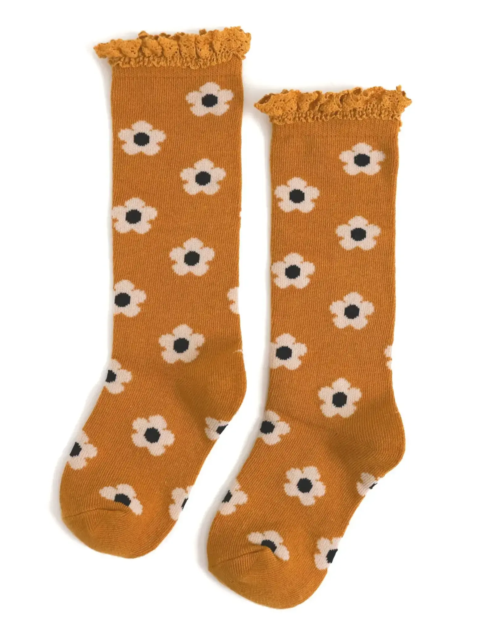 Little Stocking Co. Little Stocking- Mustard Floral Lace Top Knee High Socks