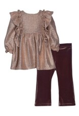 Bonnie  Jean Bonnie Jean- Gold Ruffle Tunic Brown Velvet Bell Bottom Set