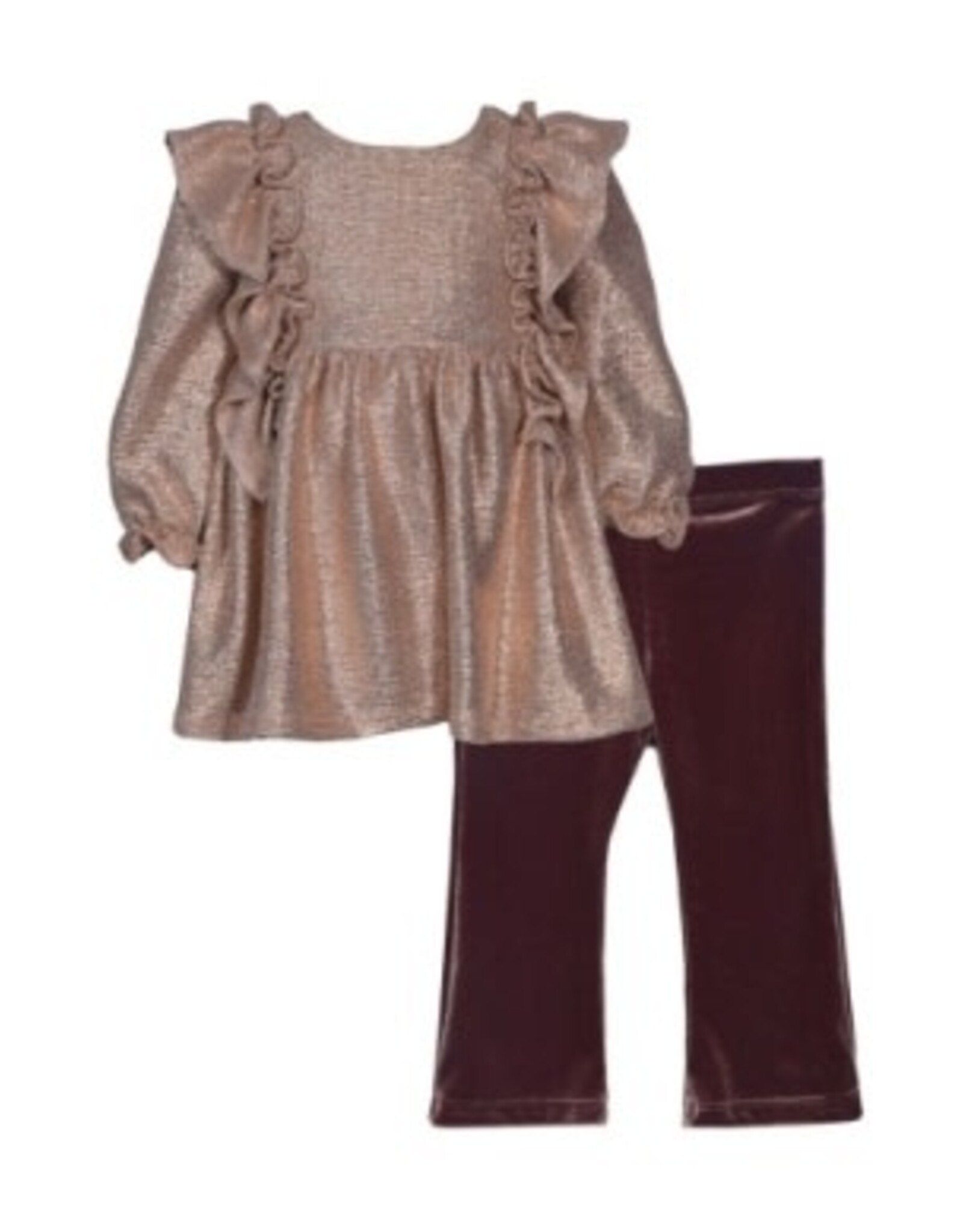 Bonnie  Jean Bonnie Jean- Gold Ruffle Tunic Brown Velvet Bell Bottom Set