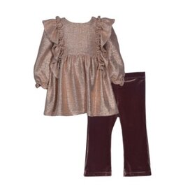 Bonnie  Jean Bonnie Jean- Gold Ruffle Tunic Brown Velvet Bell Bottom Set