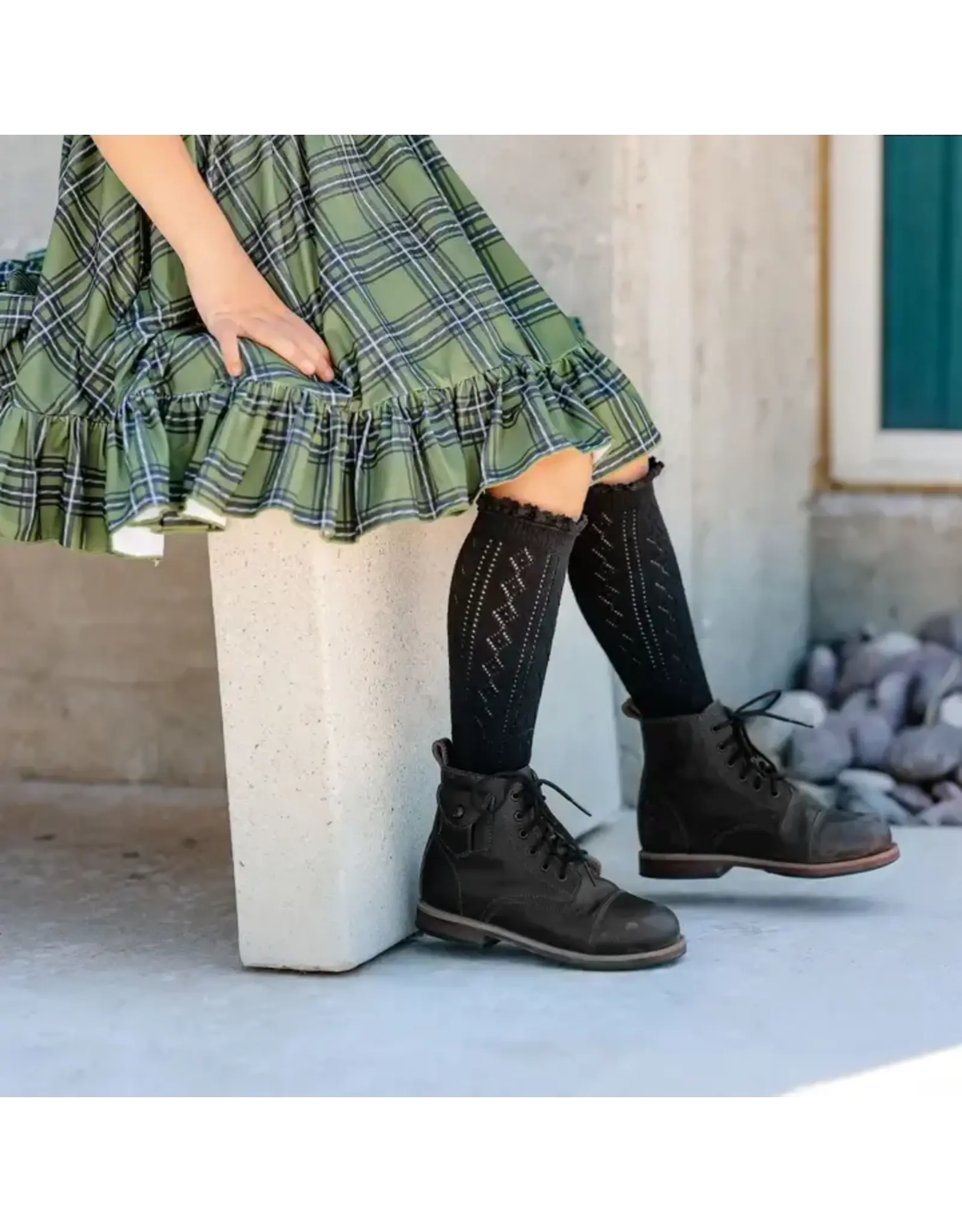 Little Stocking Co. Little Stocking- Black Fancy Lace Top Knee High Socks