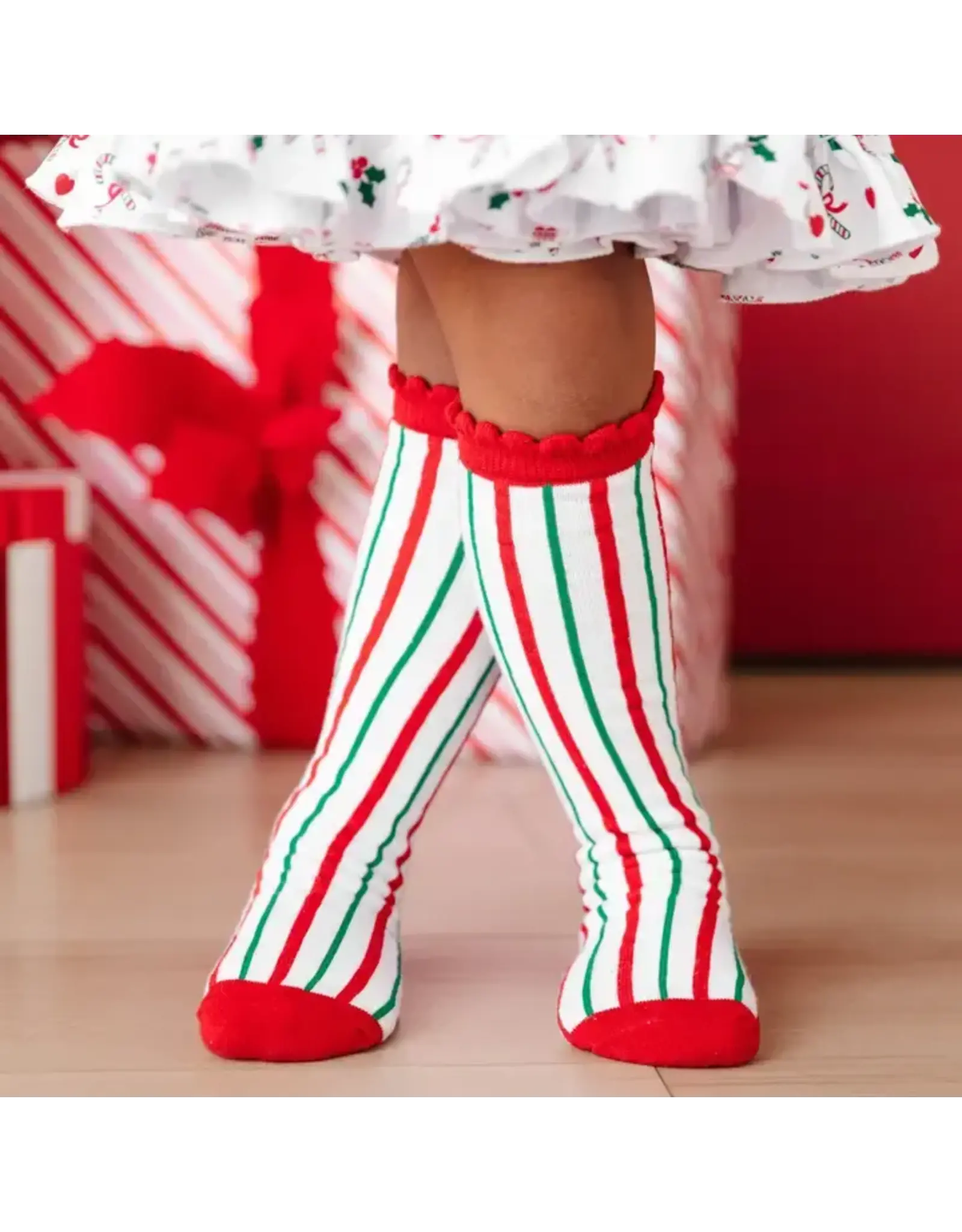 Little Stocking Co. Little Stocking- Candy Caned Striped Scallope Knee High Socks