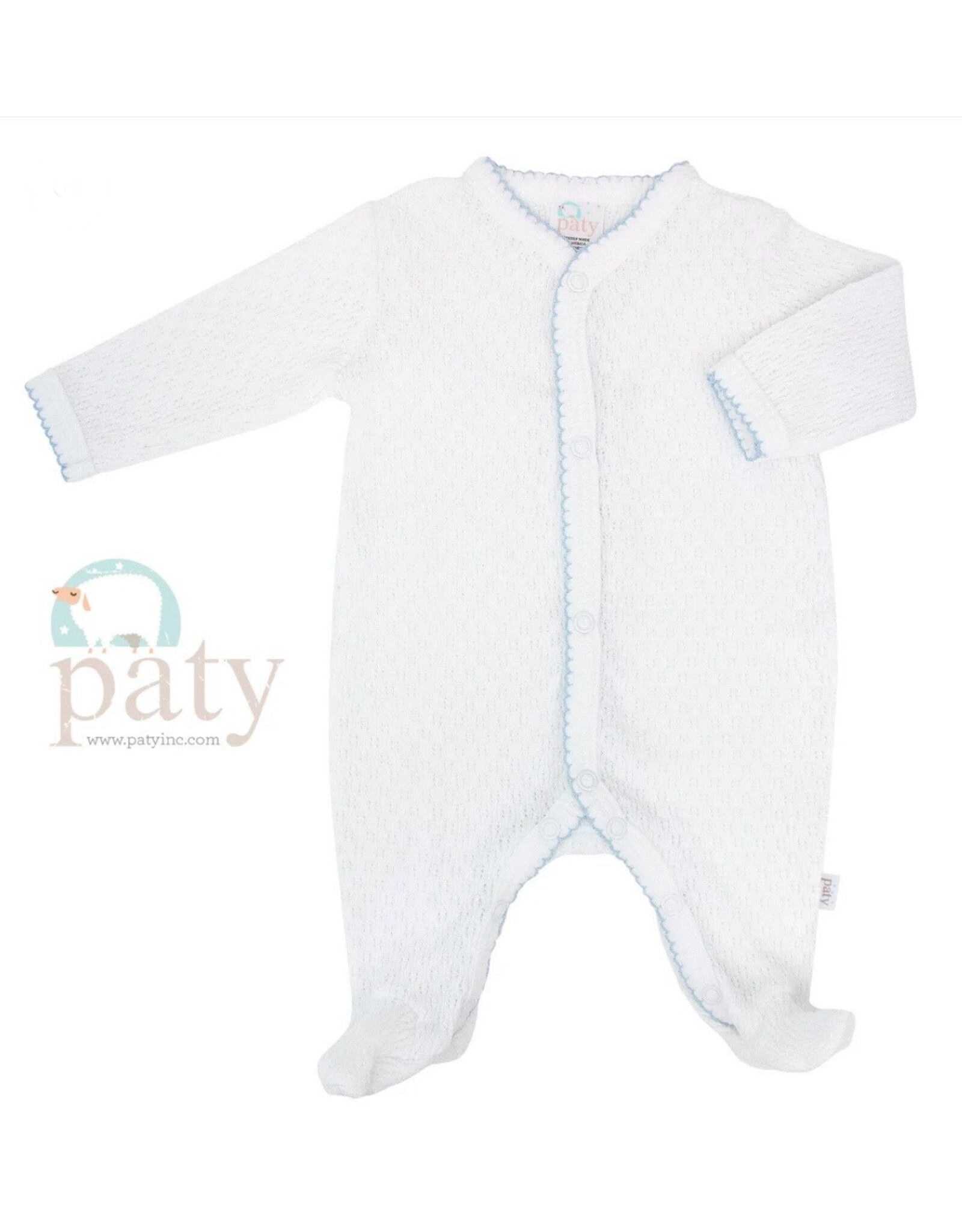 Paty Inc. Paty Inc.- White Knit Newborn Footie w/Blue Trim